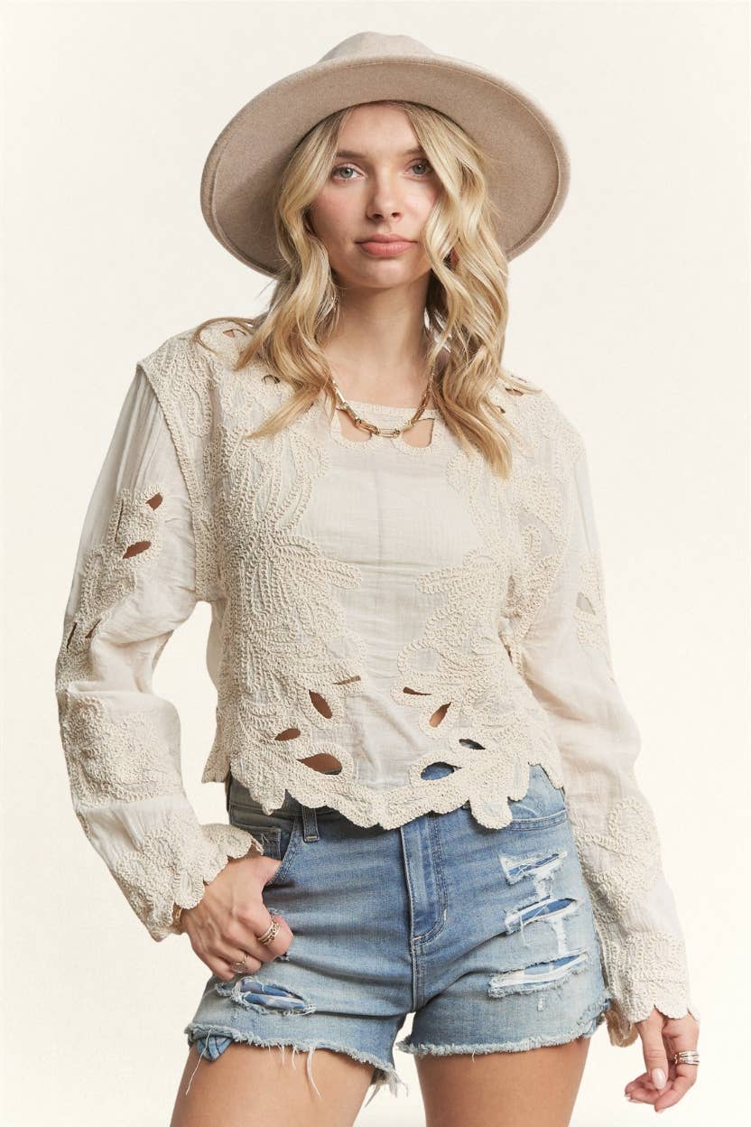 LONG SLEEVE EMBROIDERED BOHO TOP- LET3886: BEIGE / S/M-M/L(3-3)