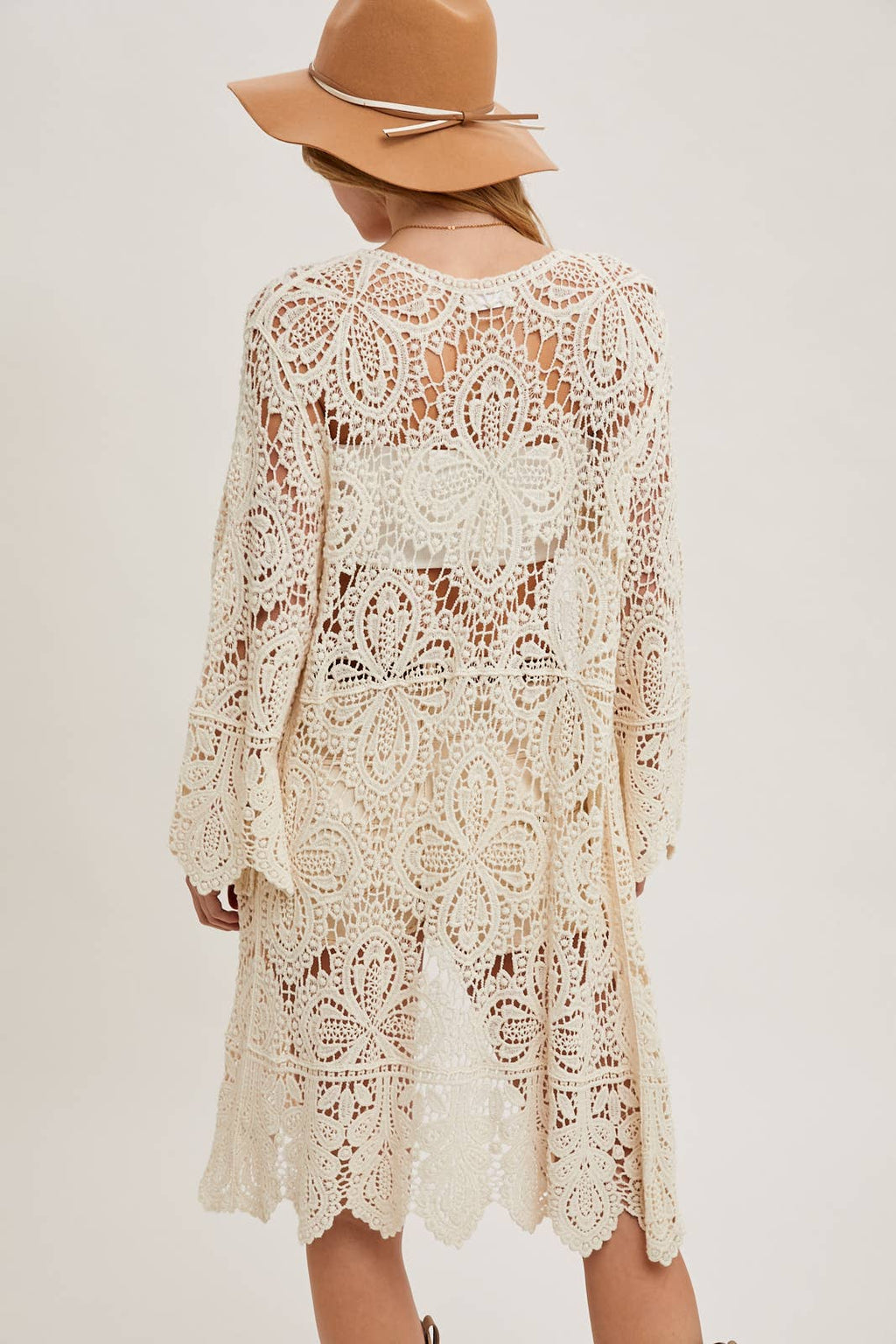 CROCHET OPEN FRONT BELL SLEEVED CARDIGAN: LATTE / M/L