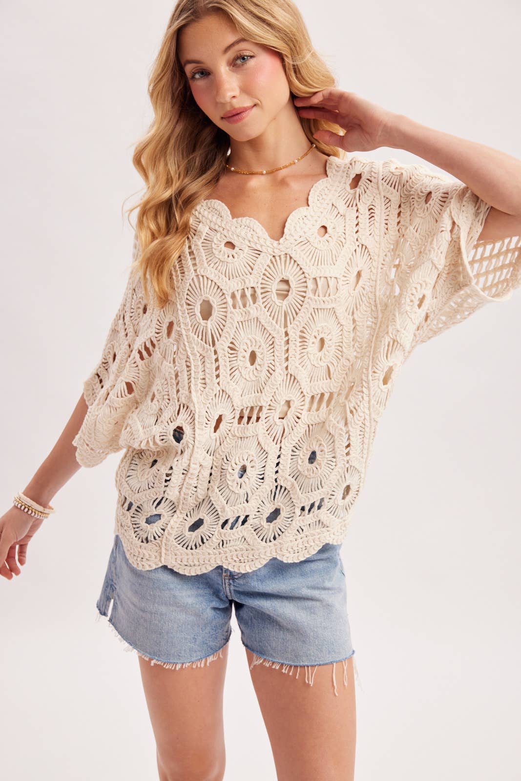 V-NECK OPEN-WORK CROCHET TOP: NATURAL / M/L