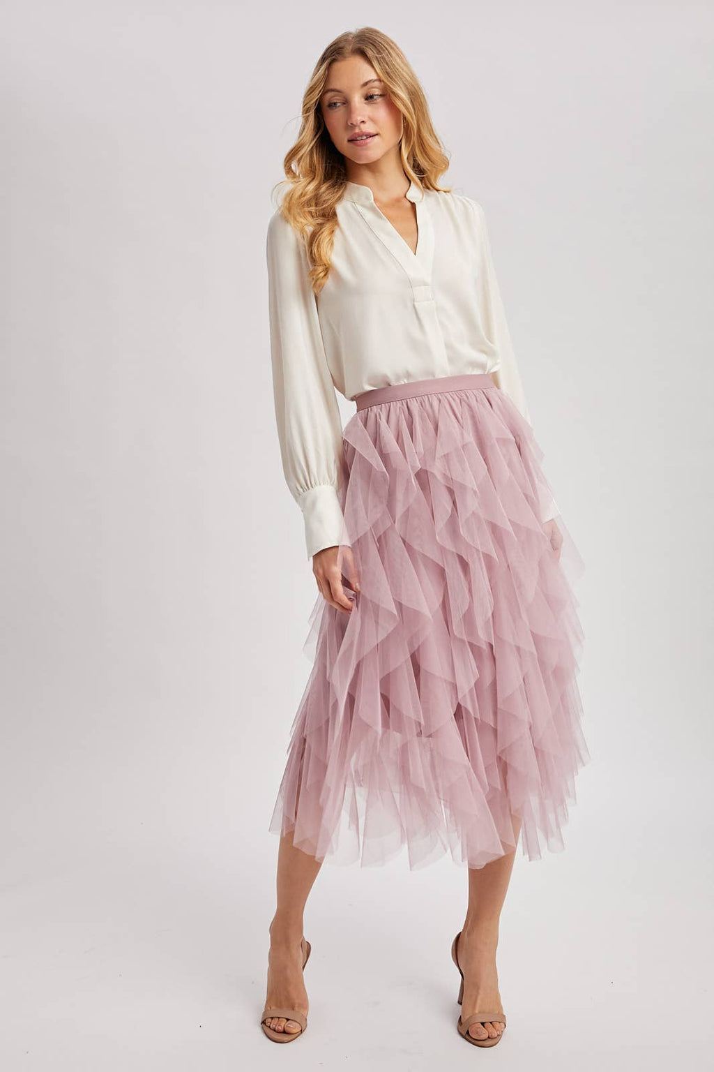 SPRIAL RUFFLED TULLE MIDI SKIRT - EASTER DAY: ROSE / M