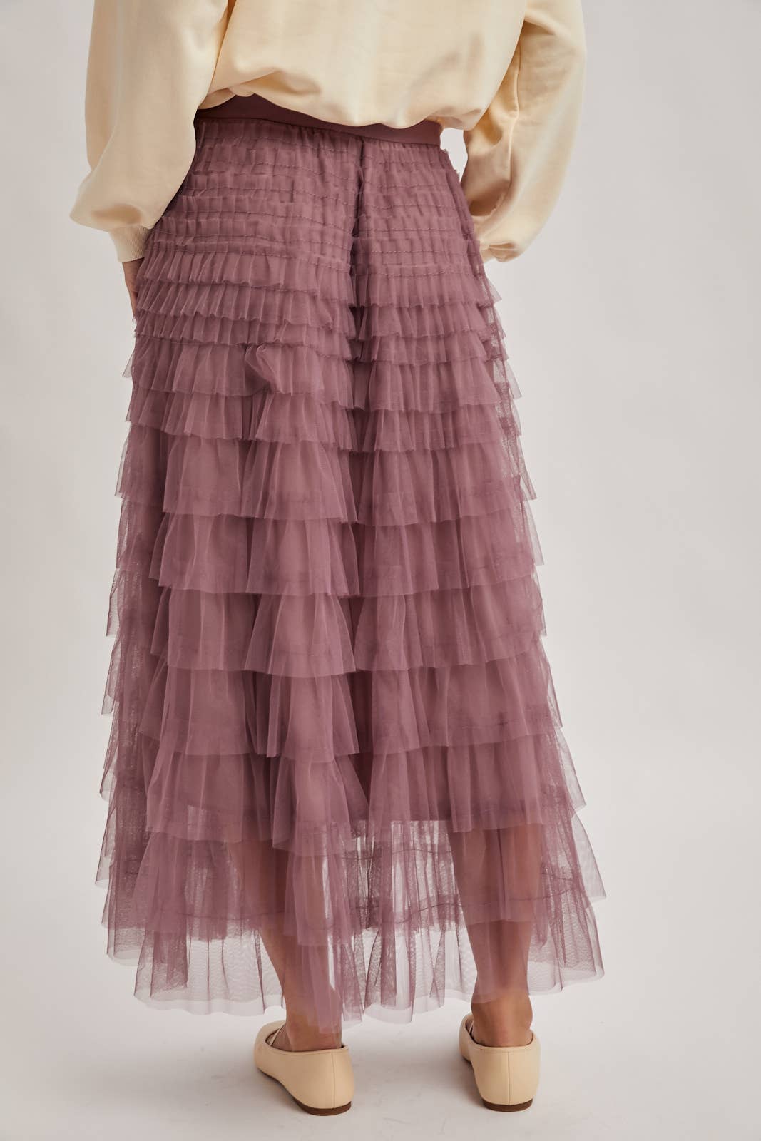 RUFFLED TULLE MIDI SKIRT: MAUVE / L