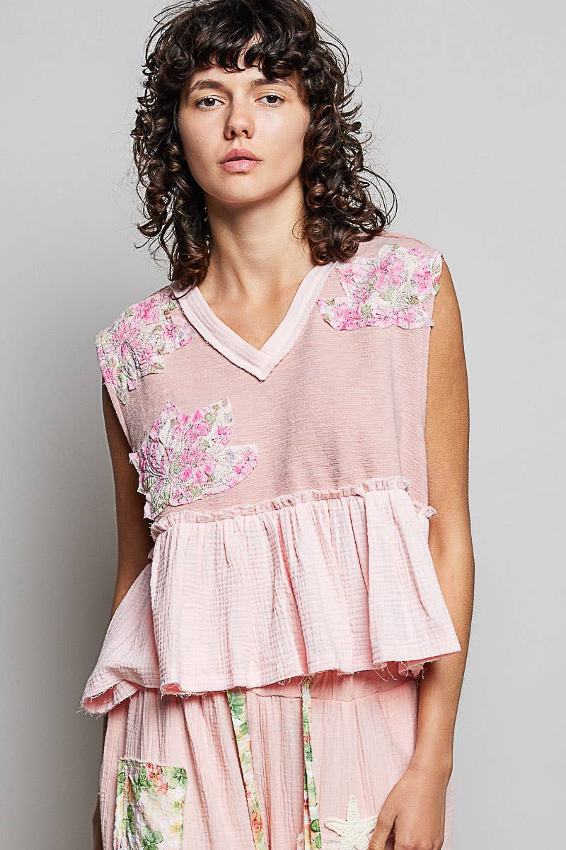 Boho Floral Patch V-Neck Sleeveless Top: NATURAL