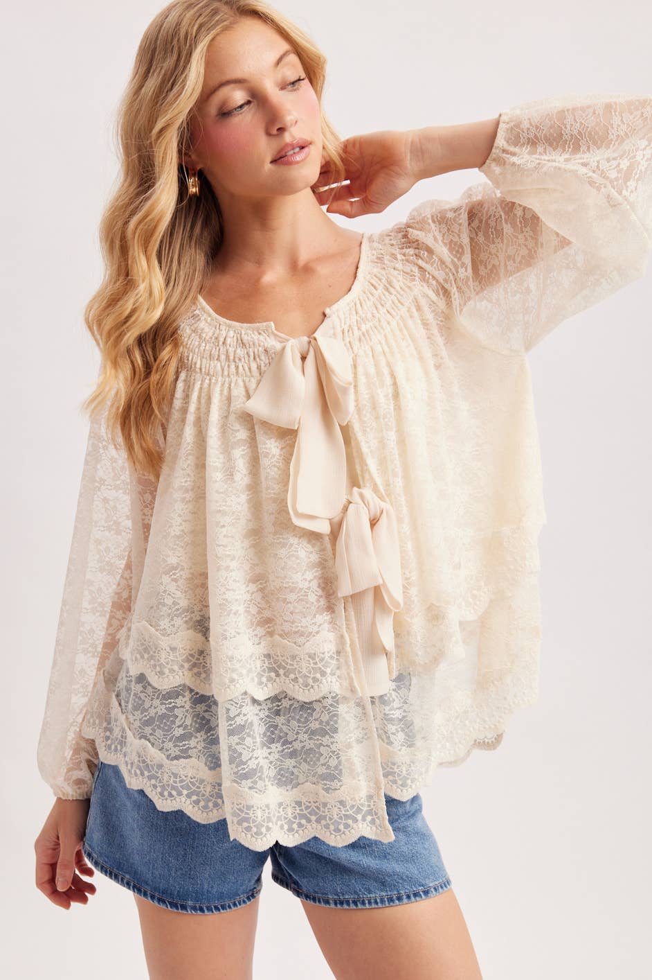 LAYERED LACE TIE-FRONT CLOSURES 2-WAY BLOUSE - EASTER DAY: ECRU / S/M