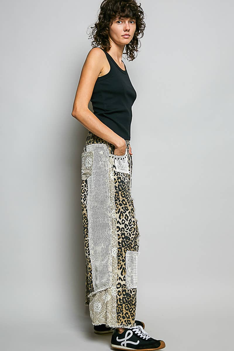 Stud Detail Woven Denim Pants: SAND LEOPARD / S