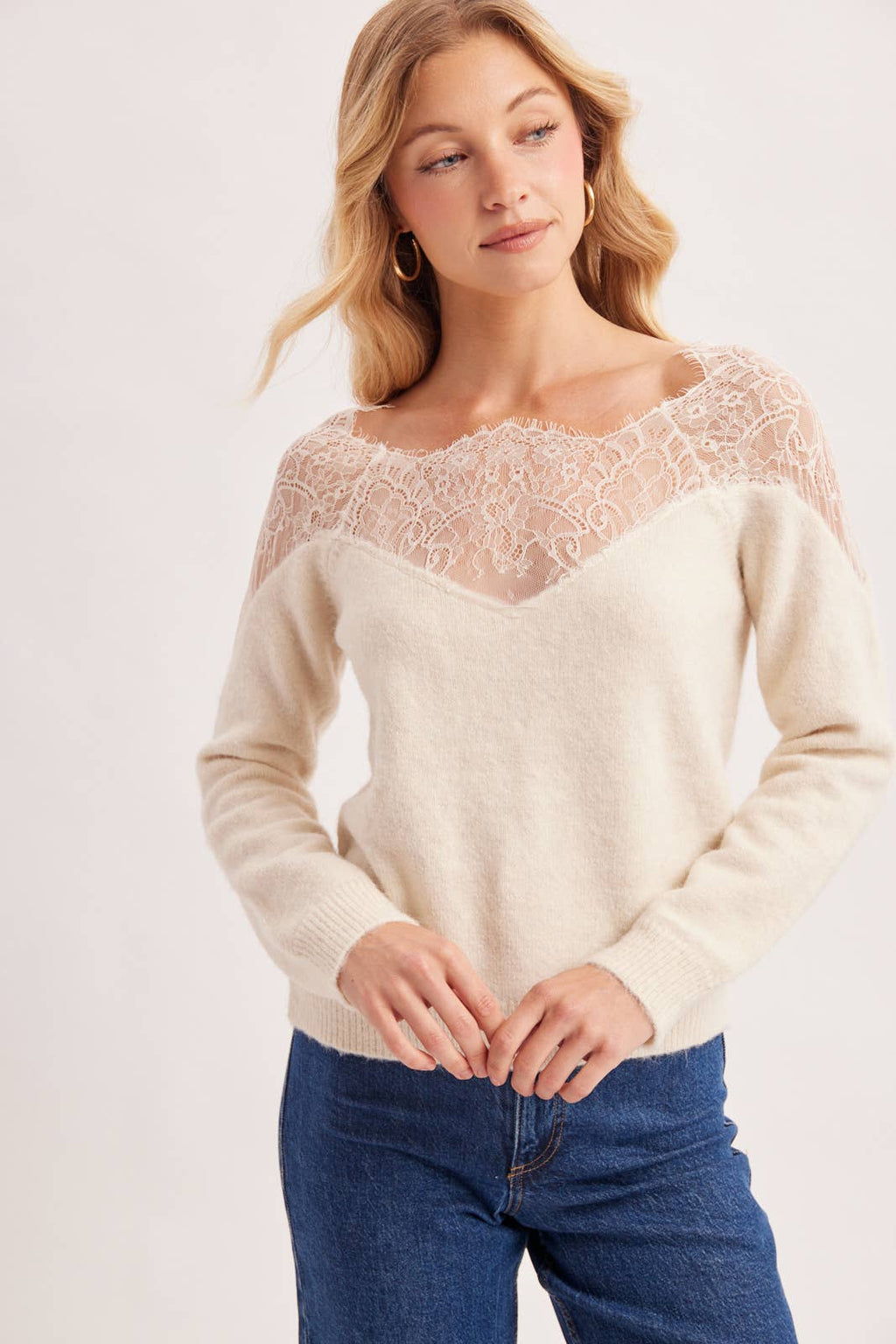 EYELASH LACE TRIMMED KNIT PULLOVER