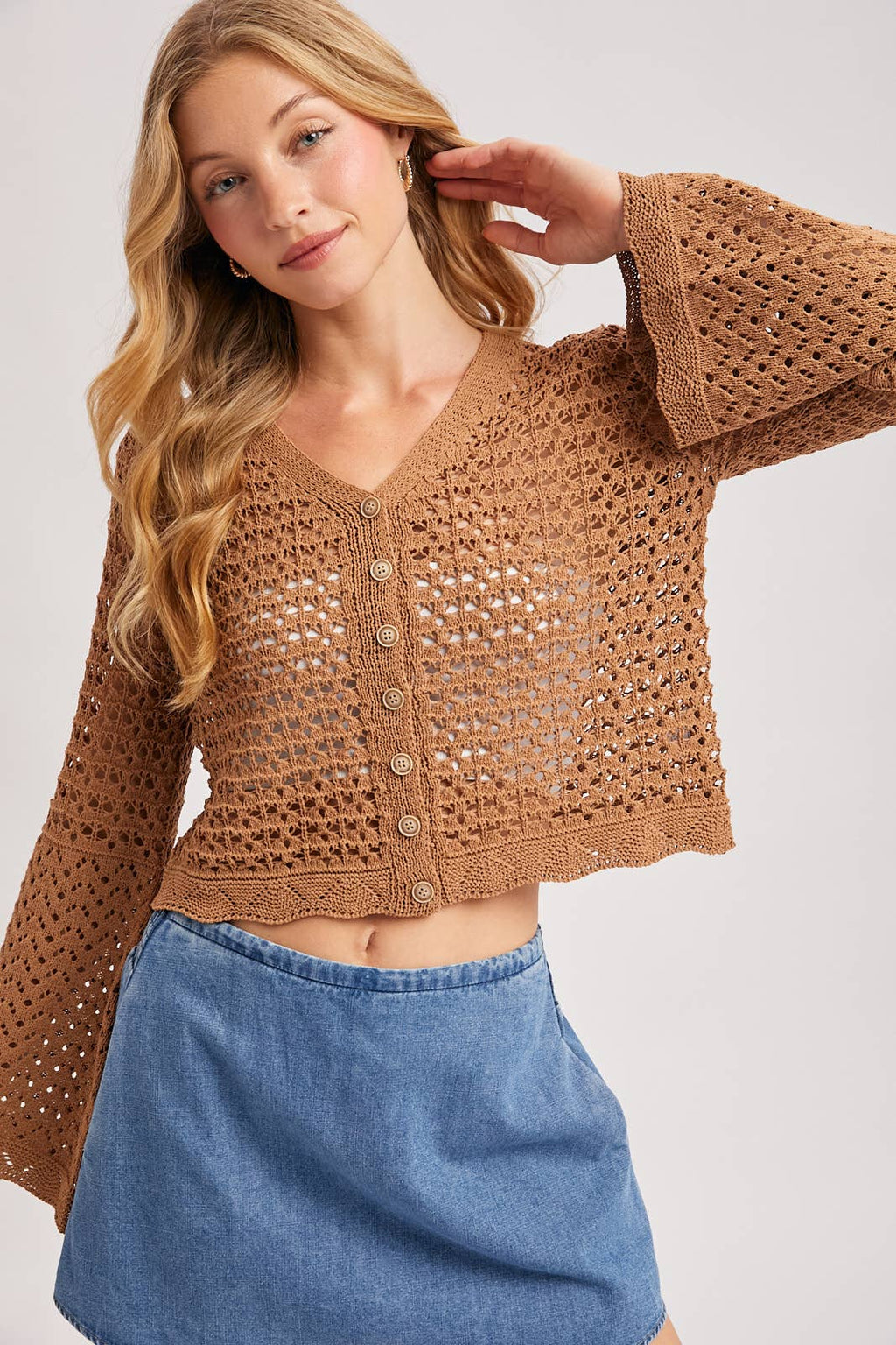 BUTTON DOWN OPEN-KNIT CROCHET CARDIGAN: MOCHA / L