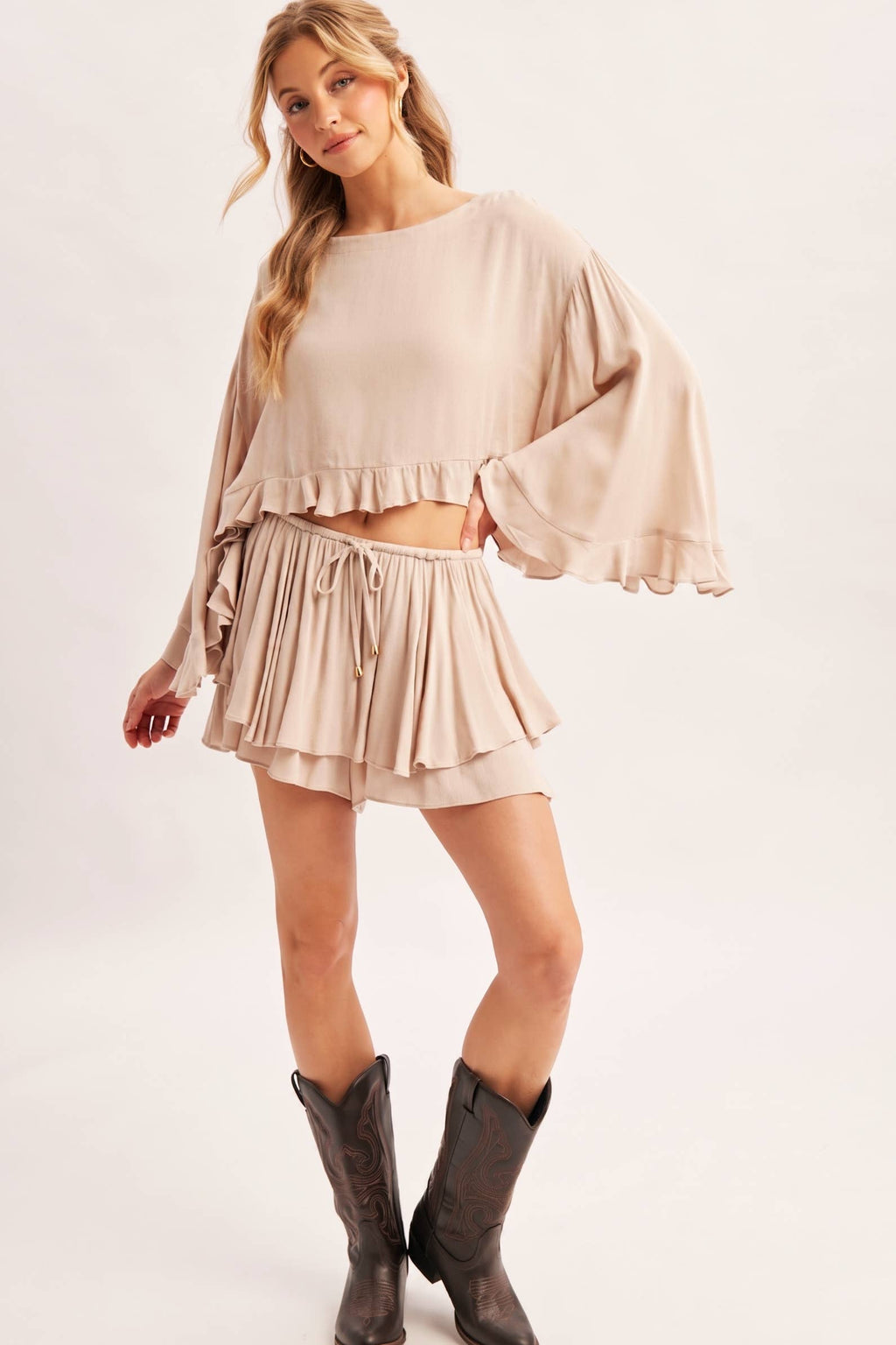 BILLOWY CROPPED OVERSIZED BELL SLEEVE RUFFLE HEM TOP: BIRCH
