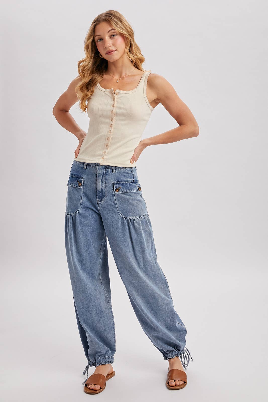 DENIM ANKLE DRAWSTRING BALLOON JEANS: DK.WASH / S