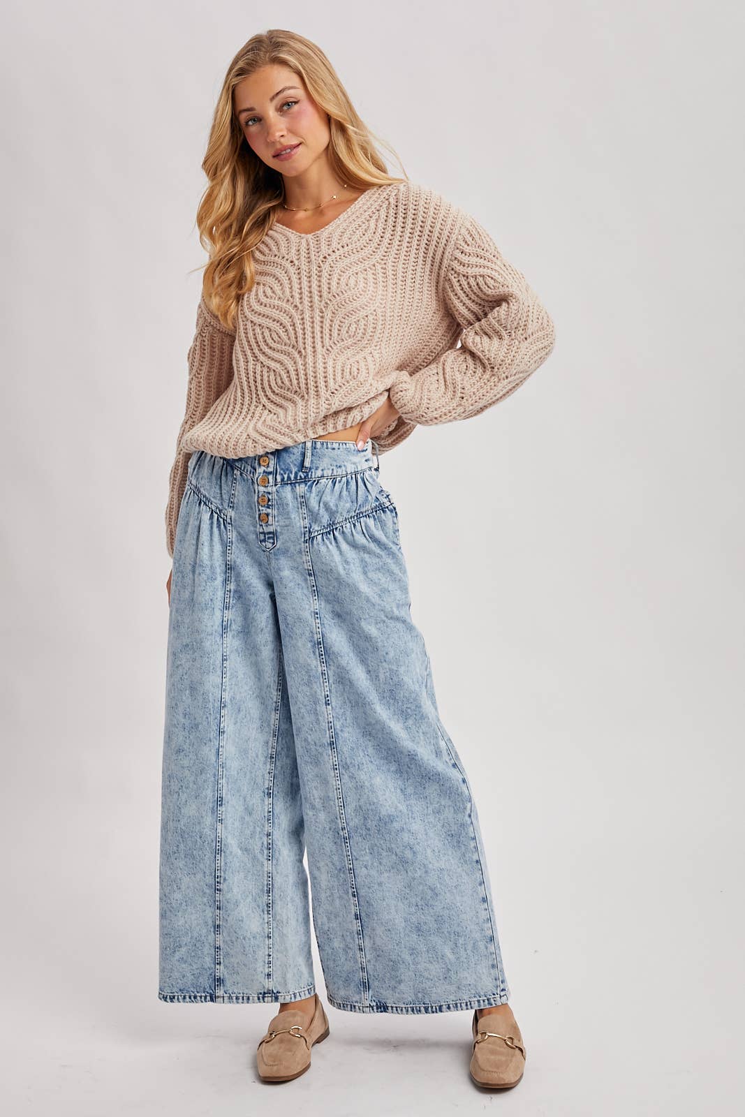 DENIM PLEATED RETRO HIGH-RISE WIDE LEG JEANS: LT.WASH / S