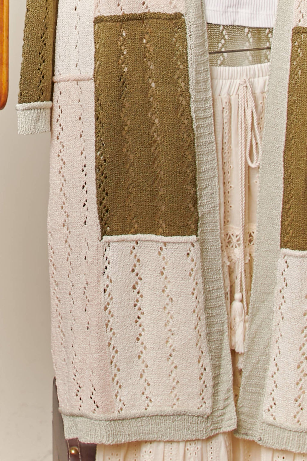 Color Block Patch Pocket Long Cardigan: Olive / M