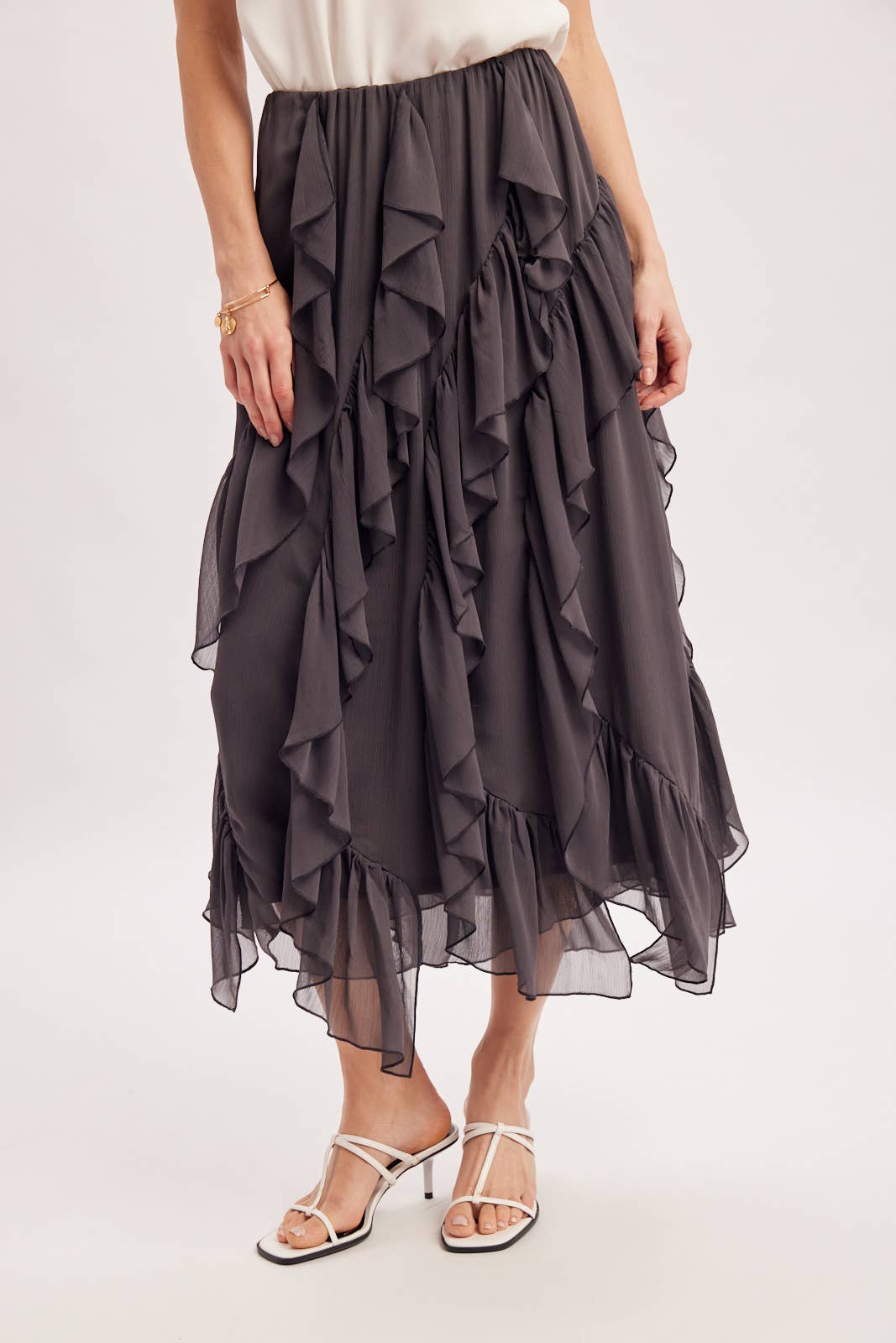 SEMI-SHEER CHIFFON RUFFLED TULLE MIDI SKIRT: ECRU