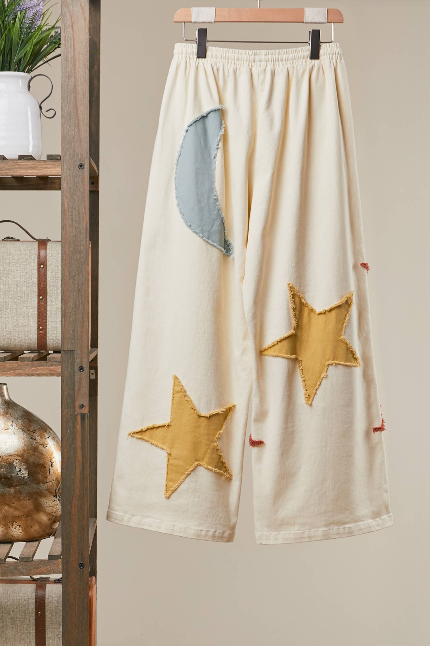 Sun Moon Star Patch Wide Pants: Cream / S