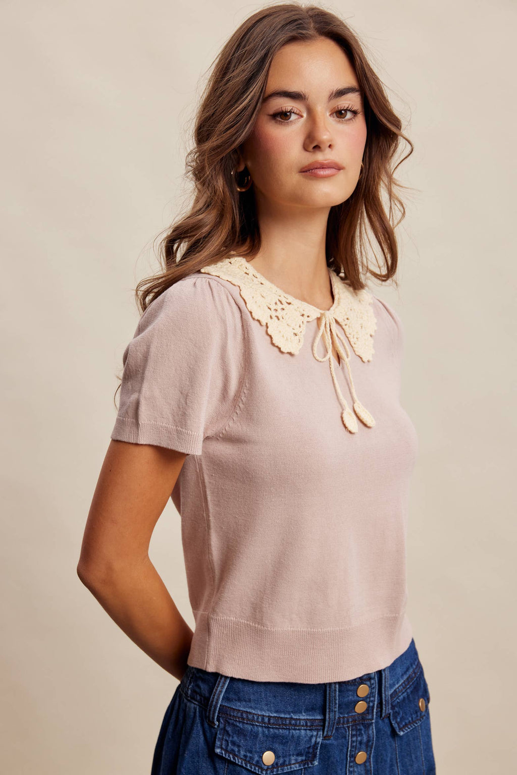 Crochet Collar Short Sleeve Knit Top LSW1048