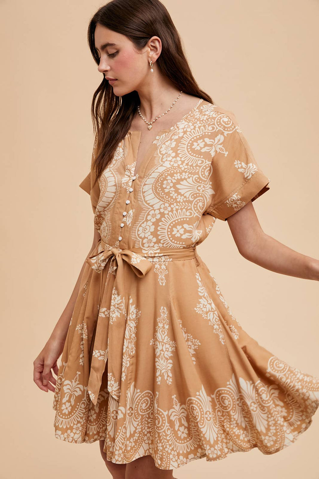 BORDER PRINT FLARED MINI DRESS: JADE