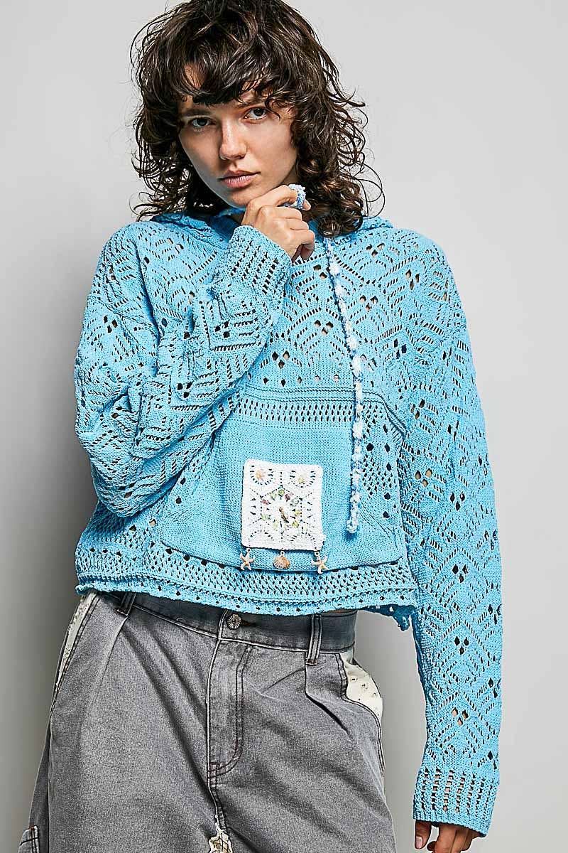 Chenille Crochet Lightweight Pullover Hoodie Sweater: NATURAL / L
