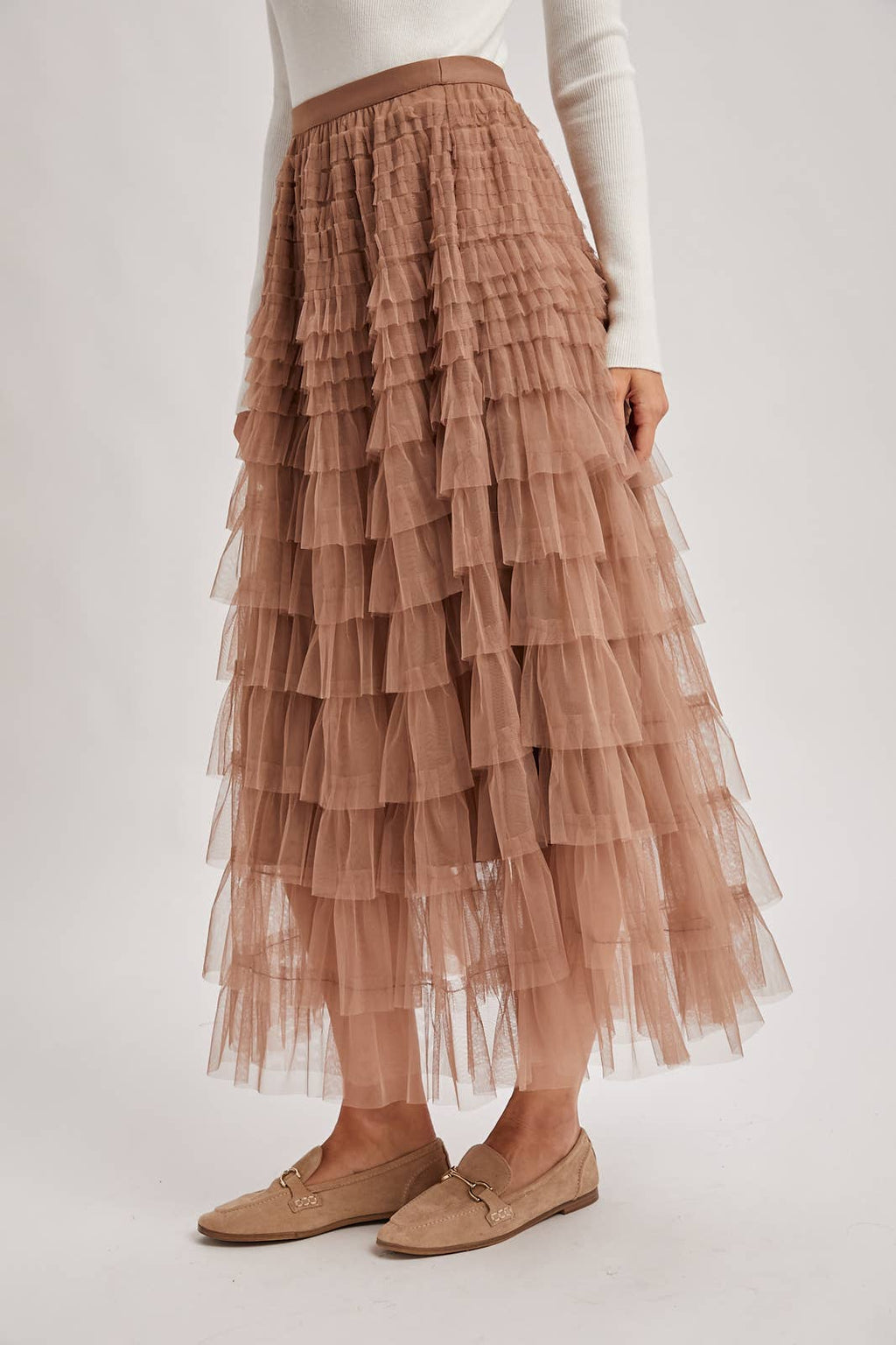 RUFFLED TULLE MIDI SKIRT: MAUVE / S