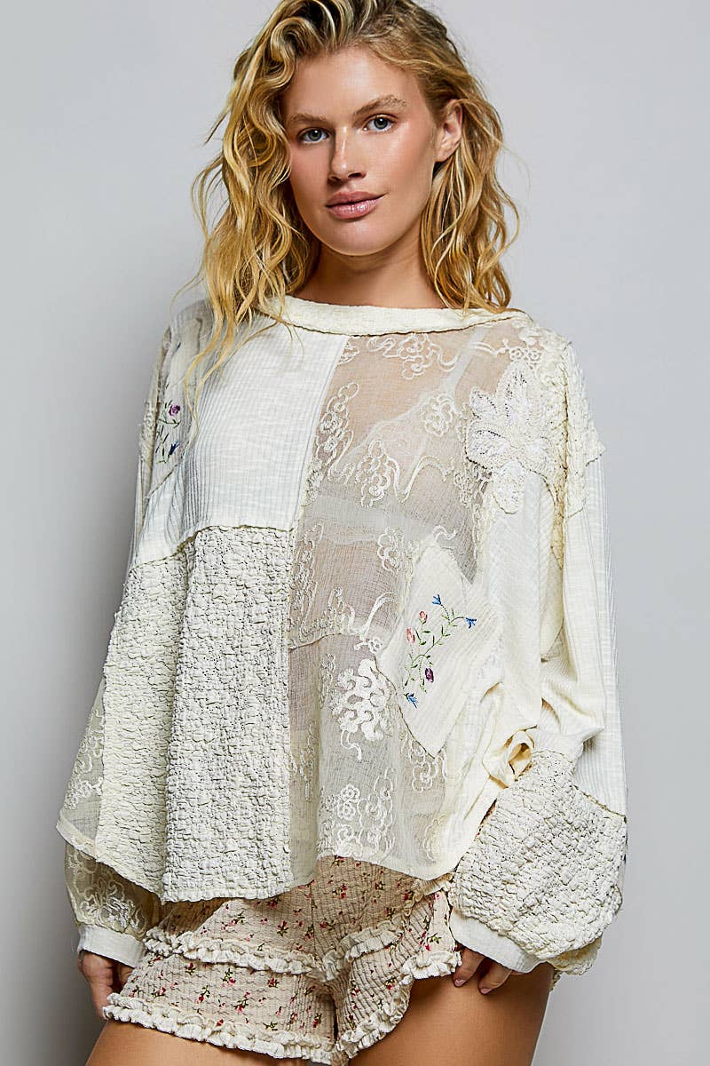Round Neck Long Sleeve Crochet Embroidered Patch Lace Top: NATURAL / L