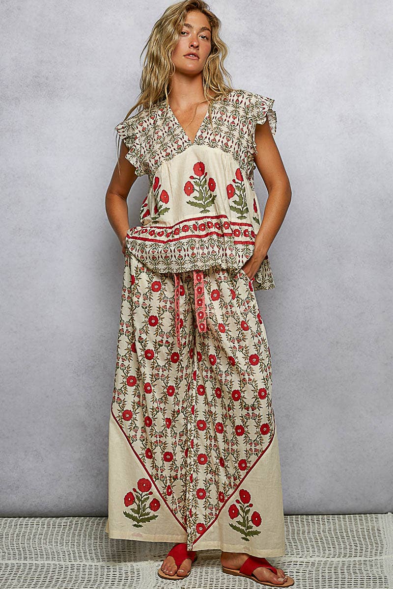 Waist Belt Floral Pattern Straight Fit Pants: CREAM MULTI / S