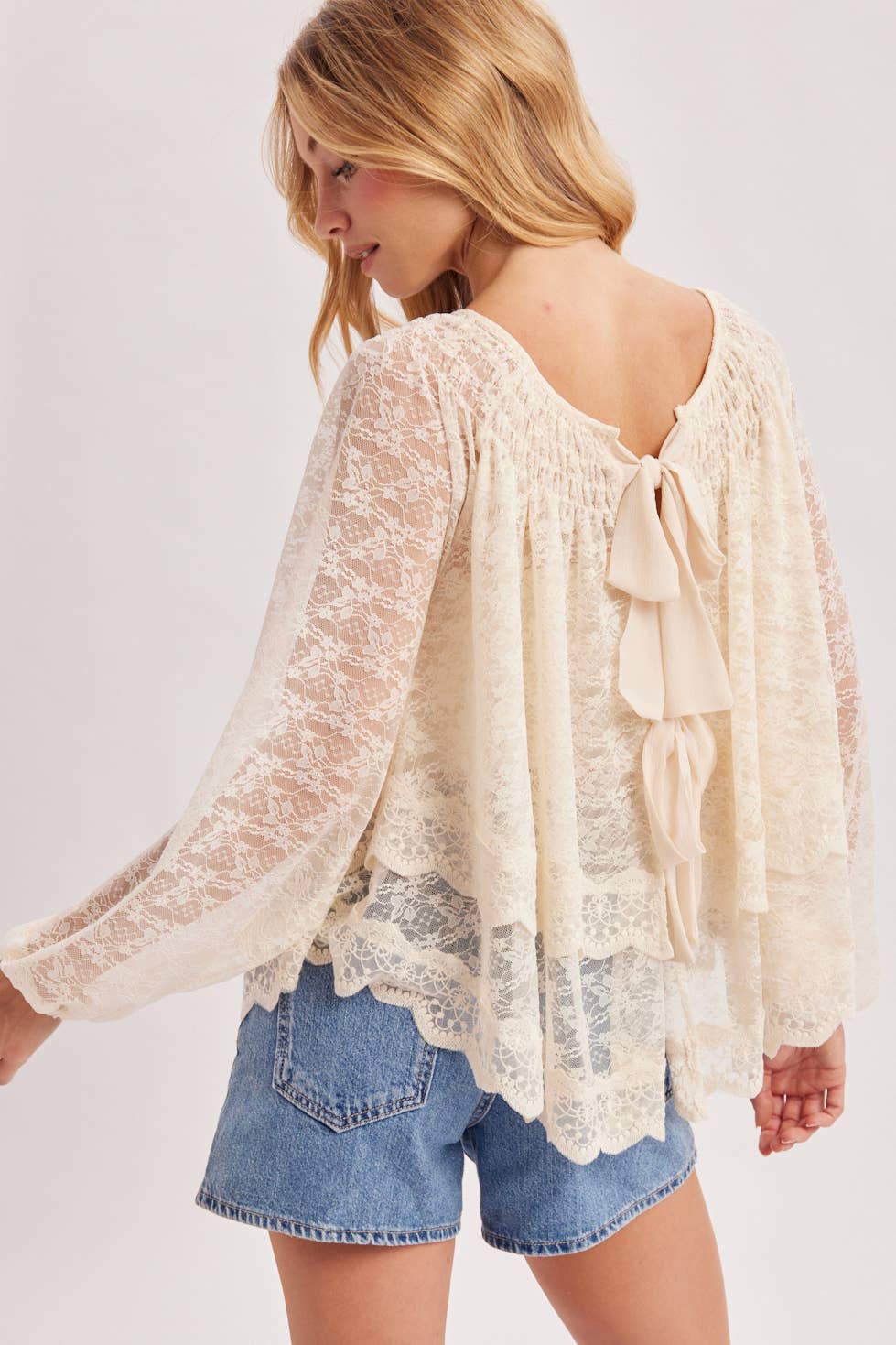 LAYERED LACE TIE-FRONT CLOSURES 2-WAY BLOUSE - EASTER DAY: ECRU / M/L