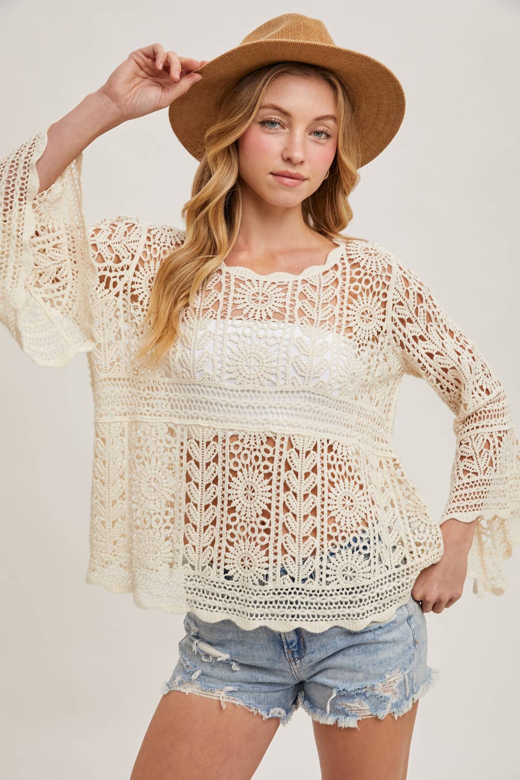 CROCHET SHEER BELL-SLEEVE PULLOVER TOP: NATURAL