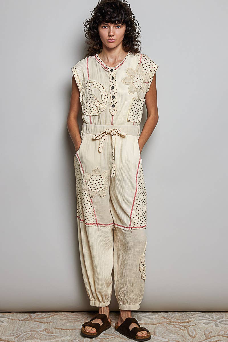 Elastic Hem Waistband Thermal Tapered Overalls: CREAM / M