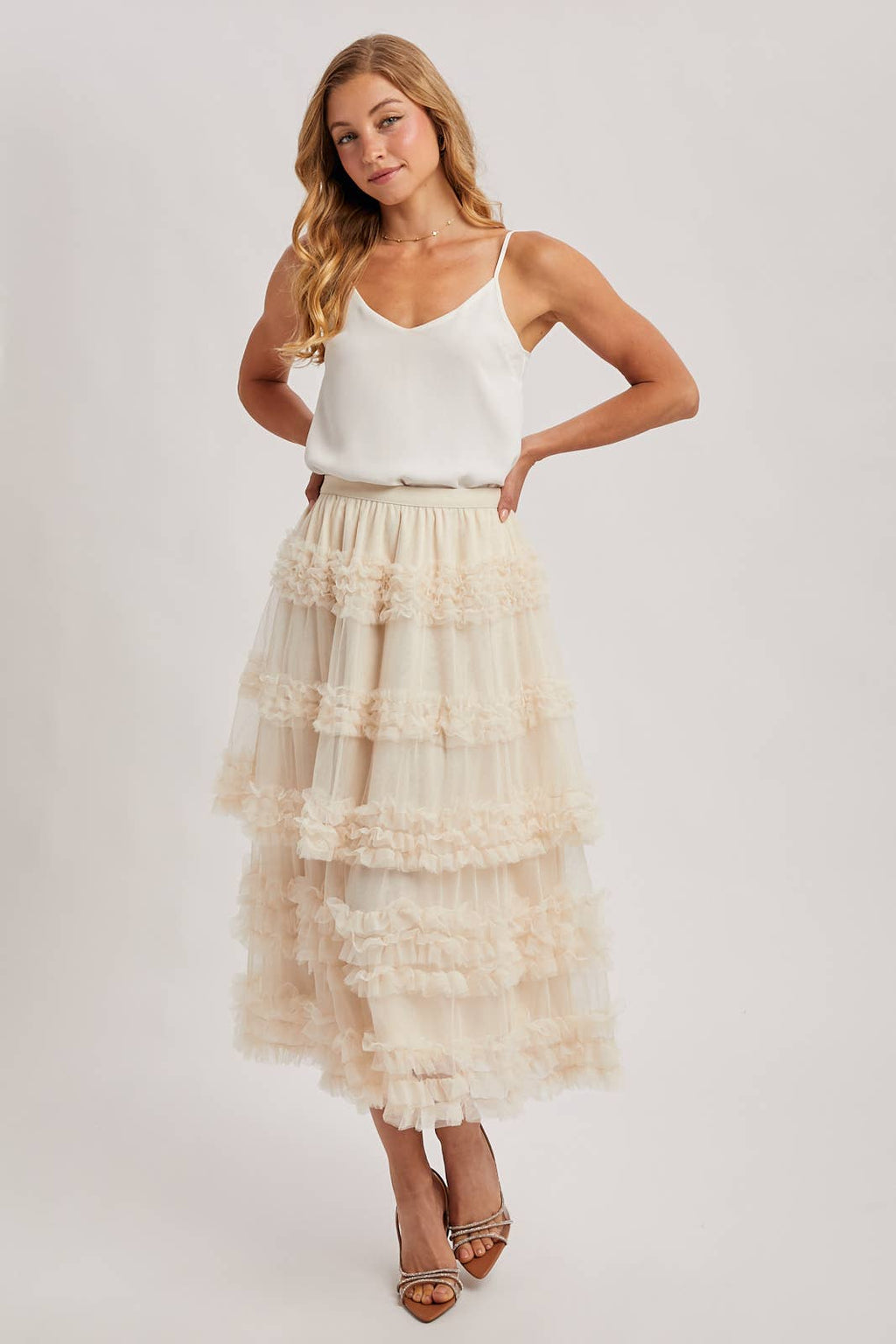 ROMANTIC RUFFLE TIERED TULLE MIDI SKIRT: PLUM / S
