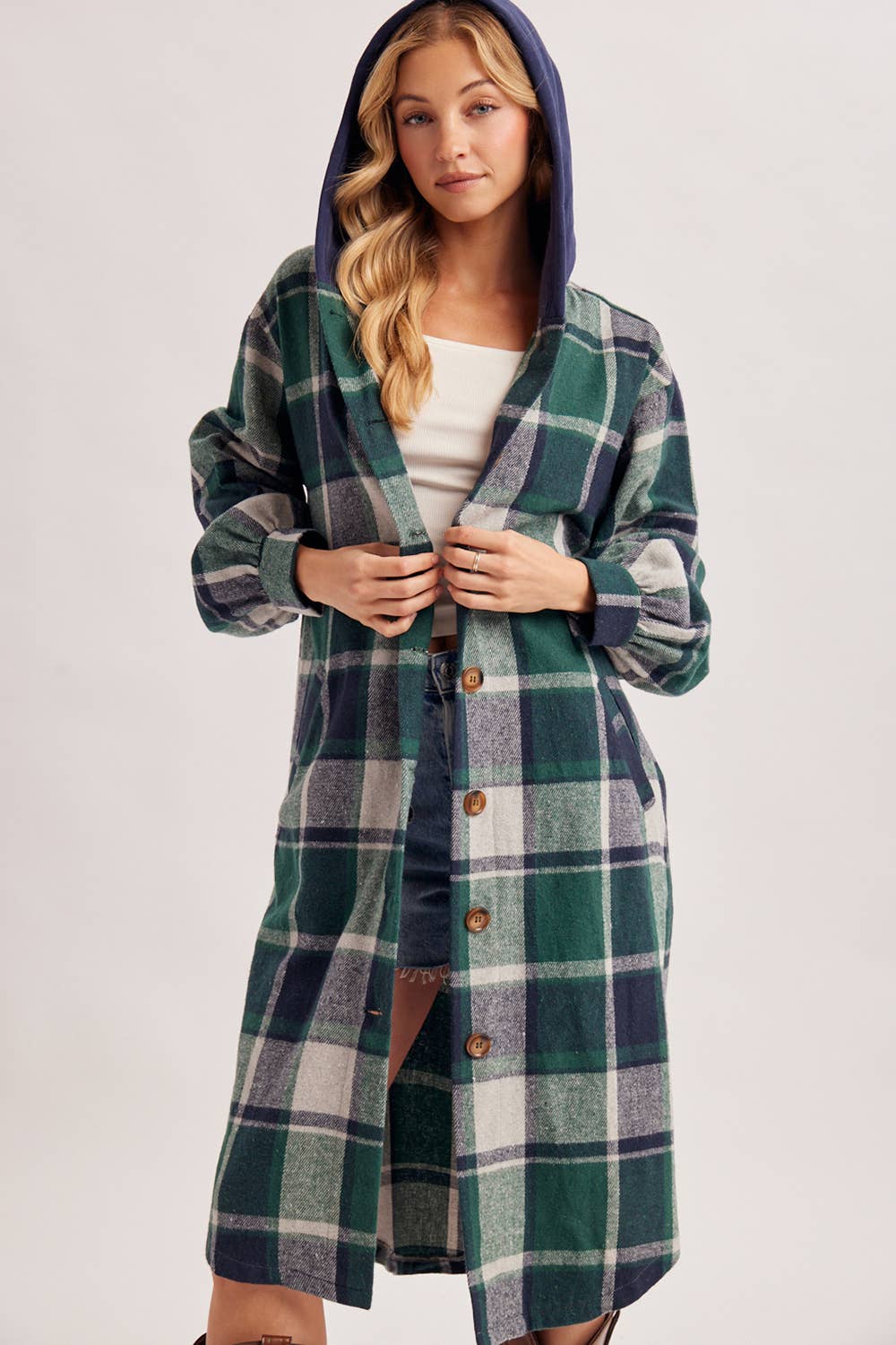 LONGLINE PLAID HOODED JACKET