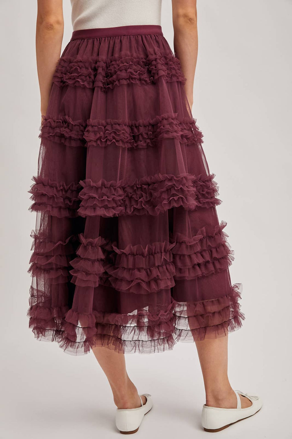 ROMANTIC RUFFLE TIERED TULLE MIDI SKIRT: PLUM / M