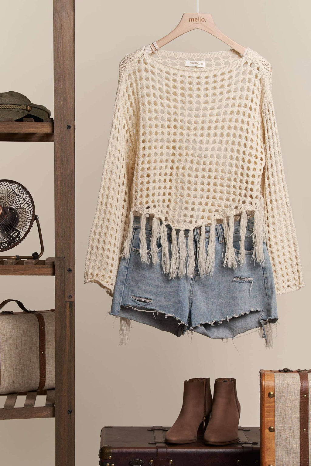 Boat Neck Fishnet Sweater with Fringe detail: Cream