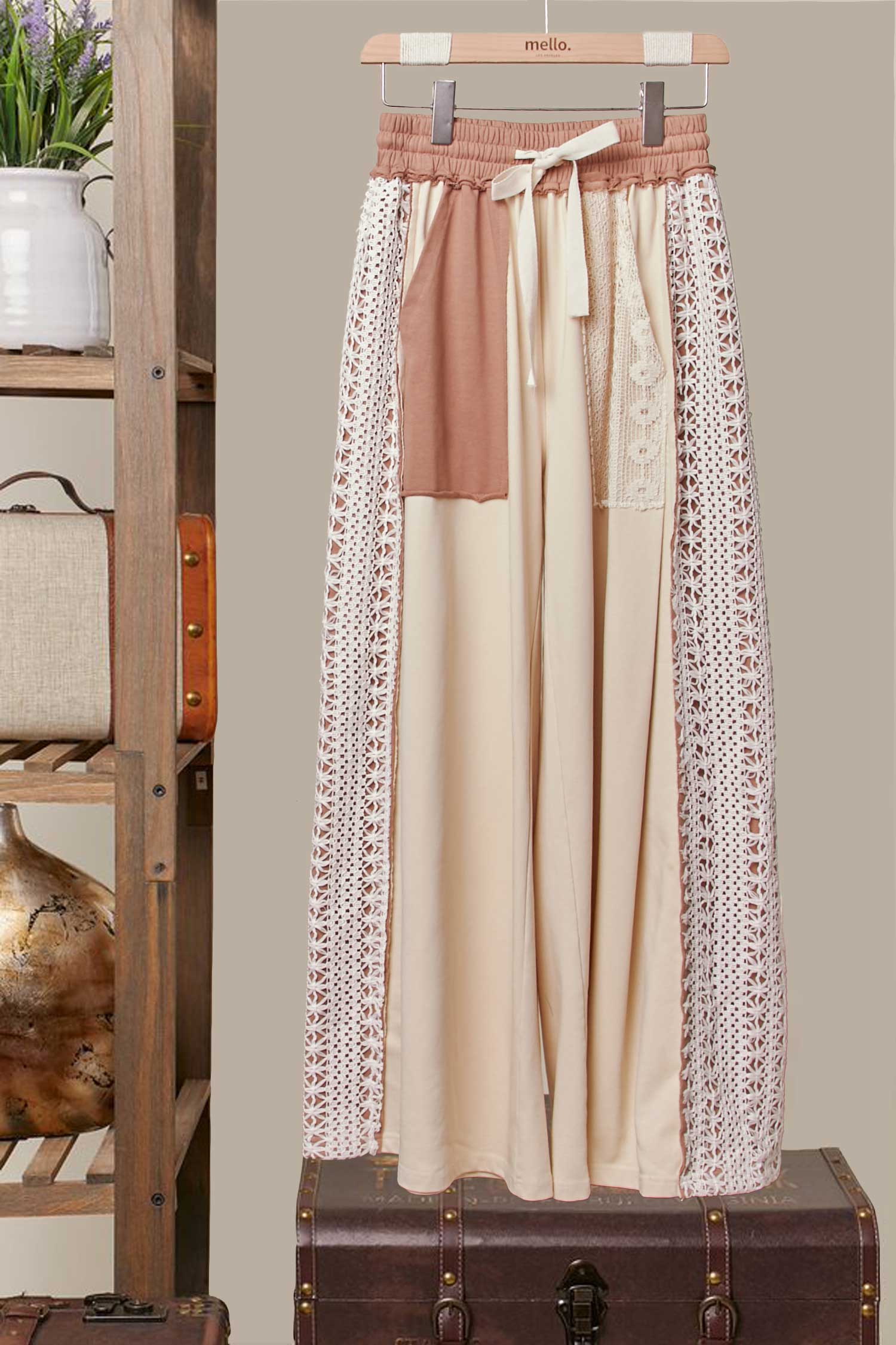 Lace Accents Patchwork Maxi Pants: Olive-Multi / L