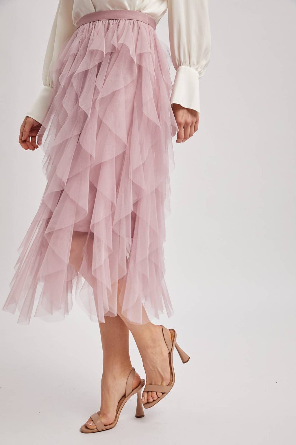 SPRIAL RUFFLED TULLE MIDI SKIRT - EASTER DAY: ROSE / L