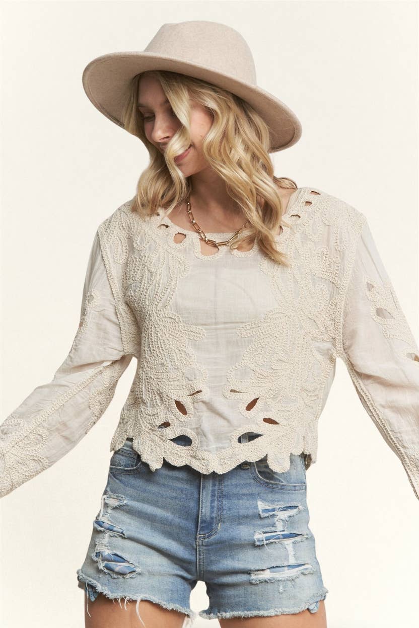 LONG SLEEVE EMBROIDERED BOHO TOP- LET3886: BEIGE / S/M-M/L(3-3)