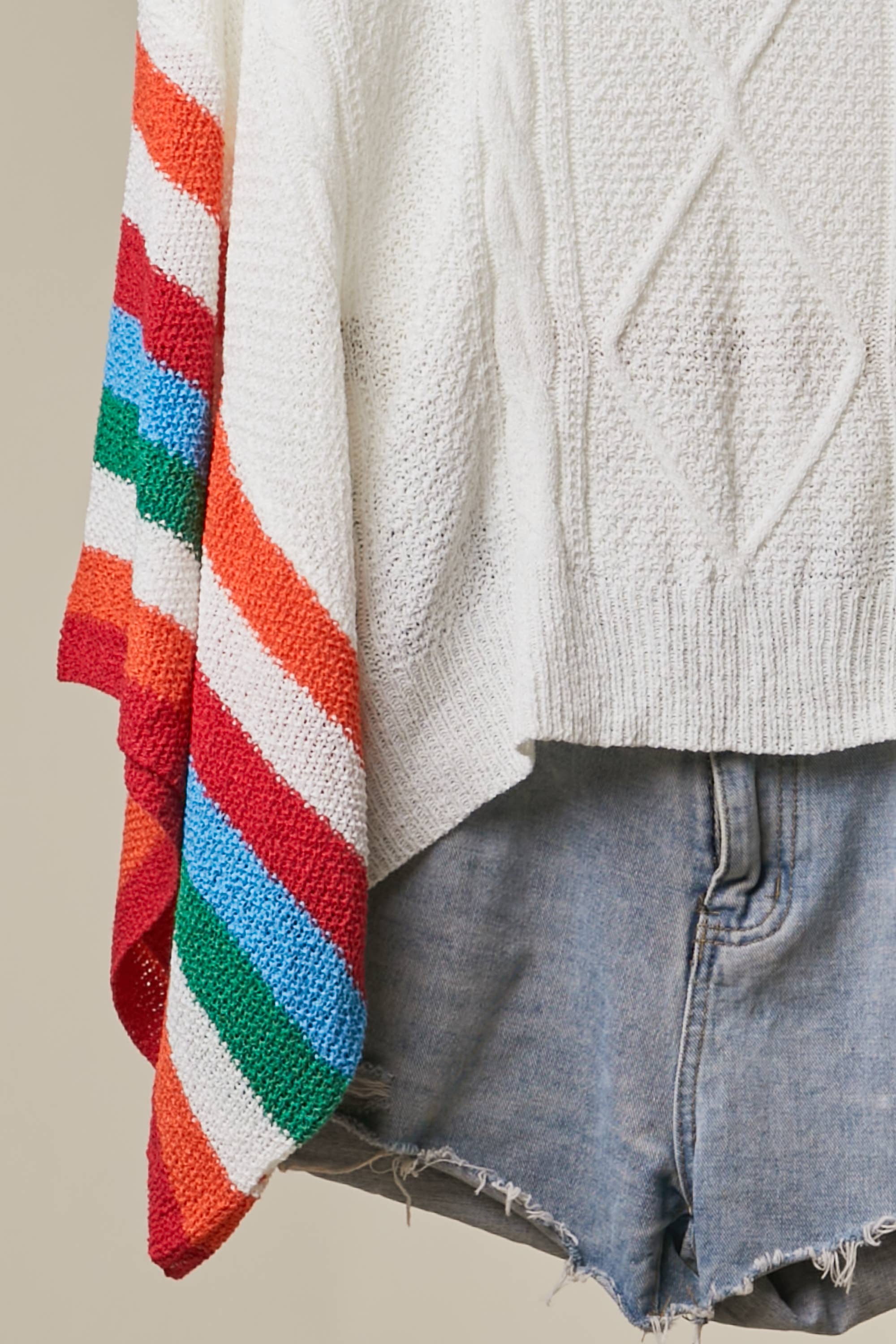 Cable Knit Sweater with Rainbow Stripe: Multi / M