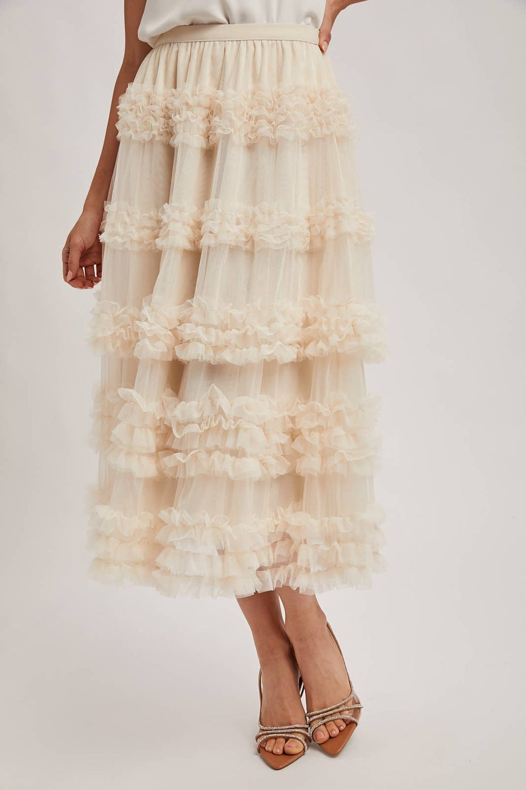 ROMANTIC RUFFLE TIERED TULLE MIDI SKIRT: PLUM / S