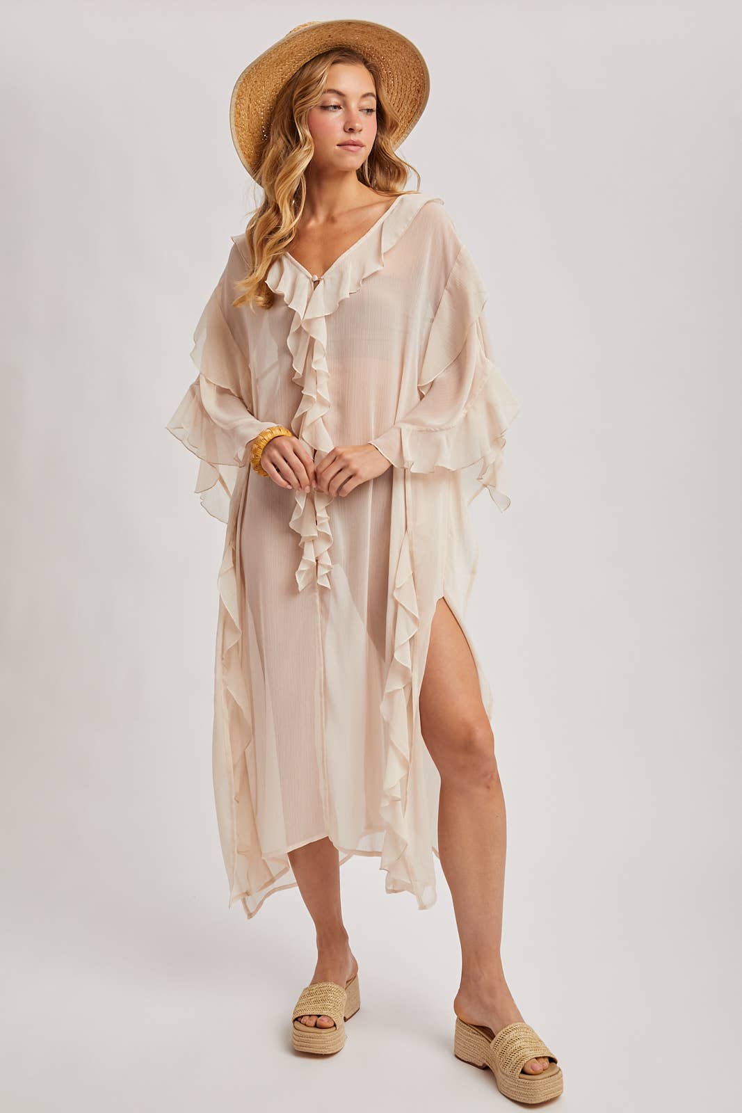 SHEER RUFFLED OPEN FRONT KIMONO COVER-UP DRESS - EASTER DAY: DUSTY PINK / One Size