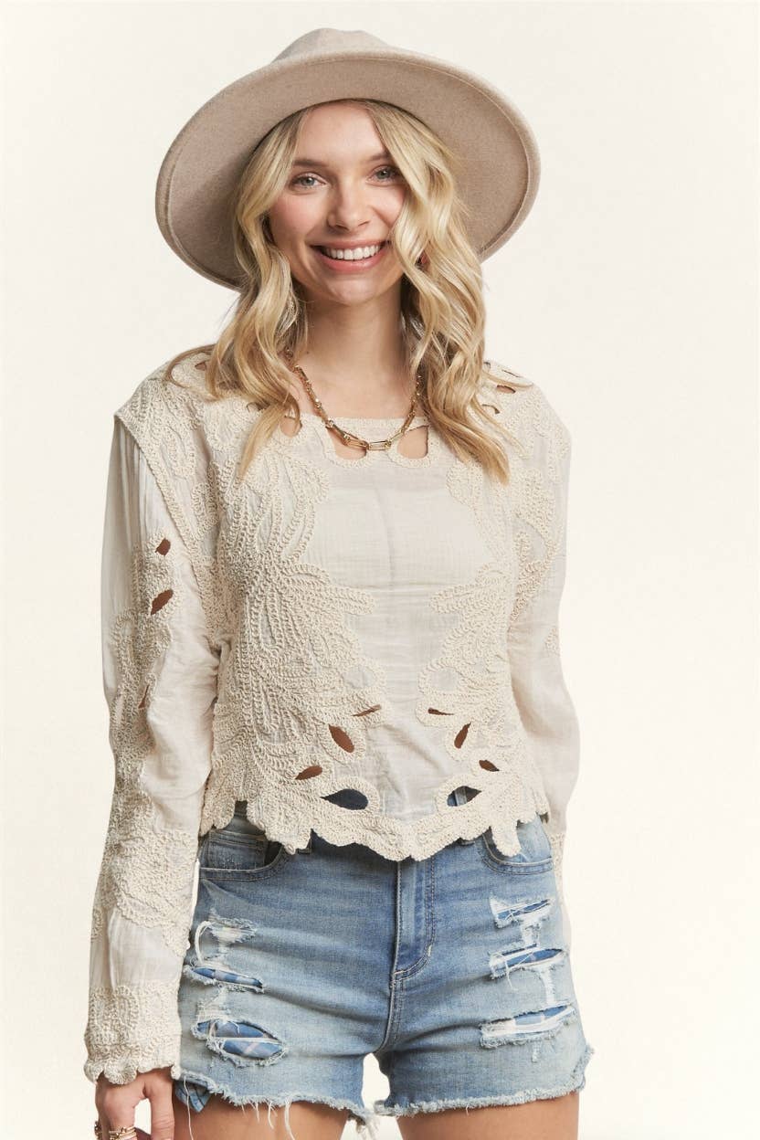 LONG SLEEVE EMBROIDERED BOHO TOP- LET3886: BEIGE / S/M-M/L(3-3)