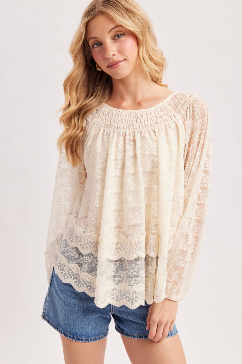 LAYERED LACE TIE-FRONT CLOSURES 2-WAY BLOUSE - EASTER DAY: ECRU / M/L