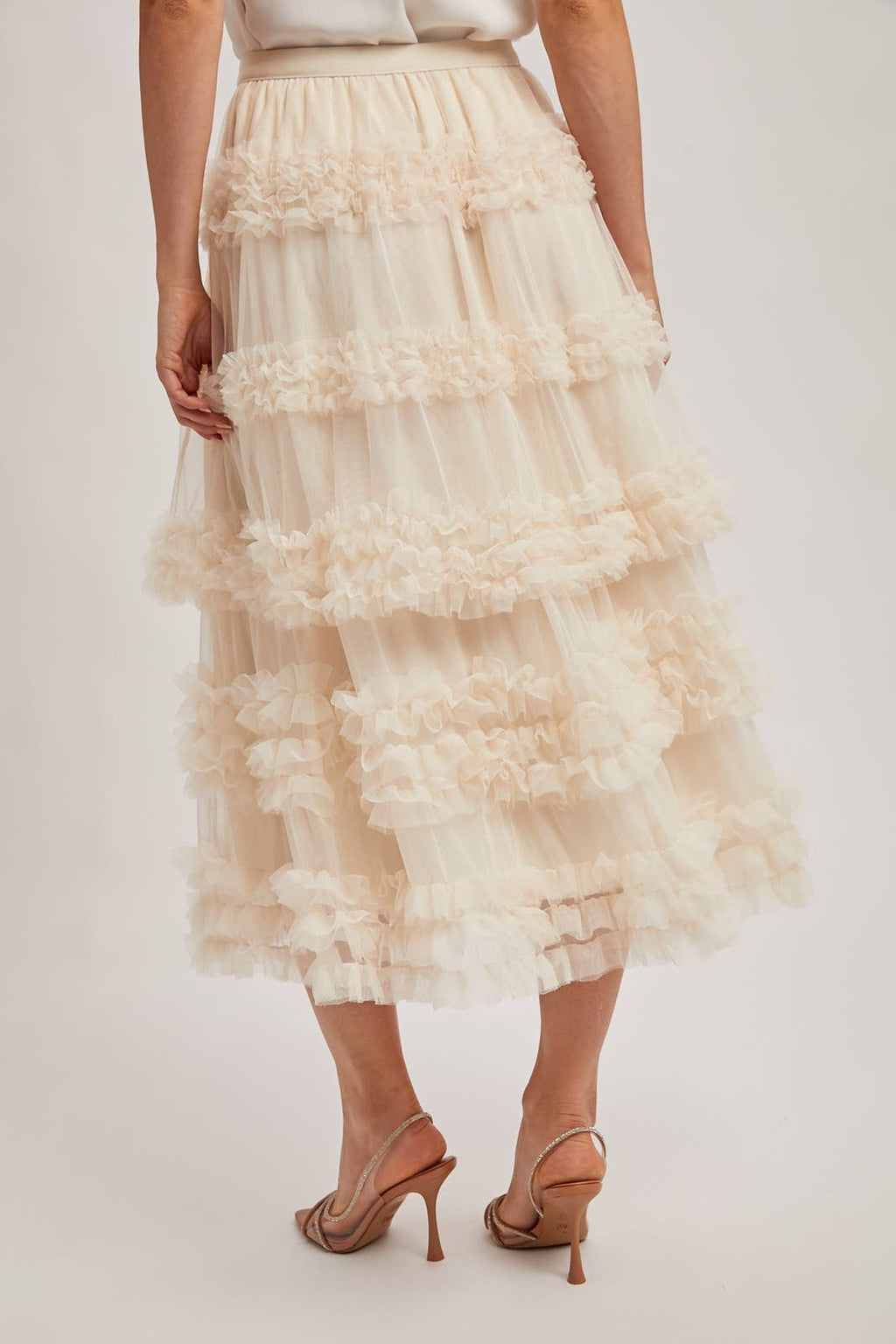 ROMANTIC RUFFLE TIERED TULLE MIDI SKIRT: PLUM / S