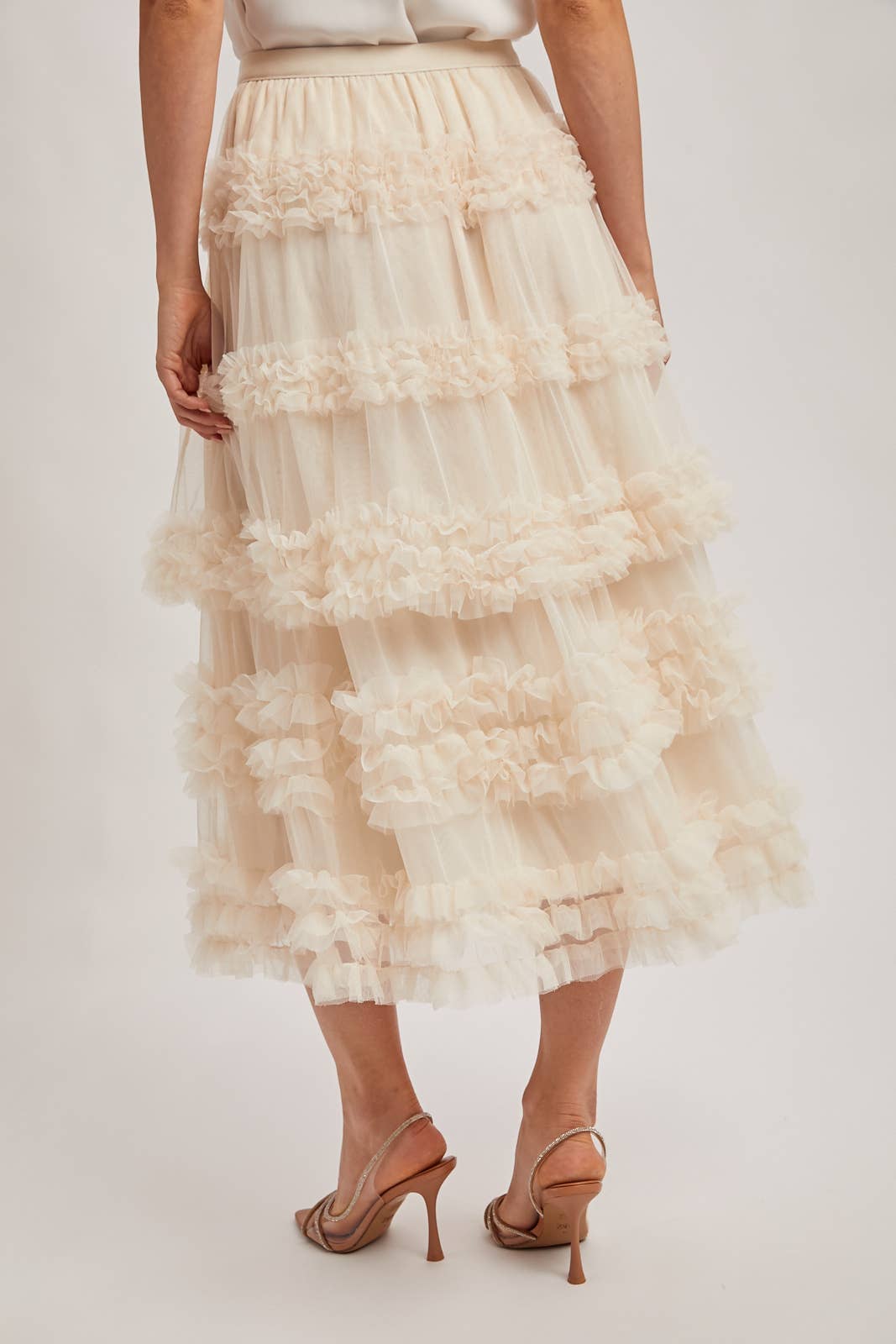 ROMANTIC RUFFLE TIERED TULLE MIDI SKIRT: PLUM / S