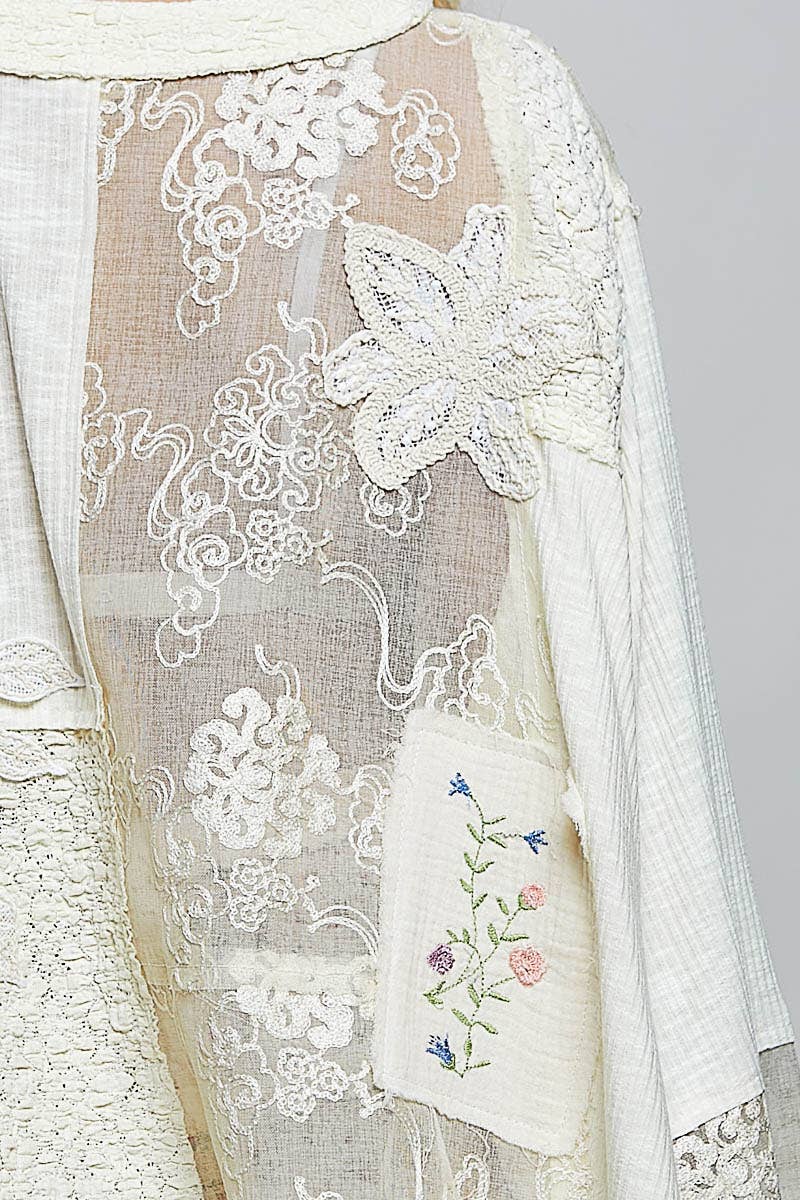 Round Neck Long Sleeve Crochet Embroidered Patch Lace Top: NATURAL / L
