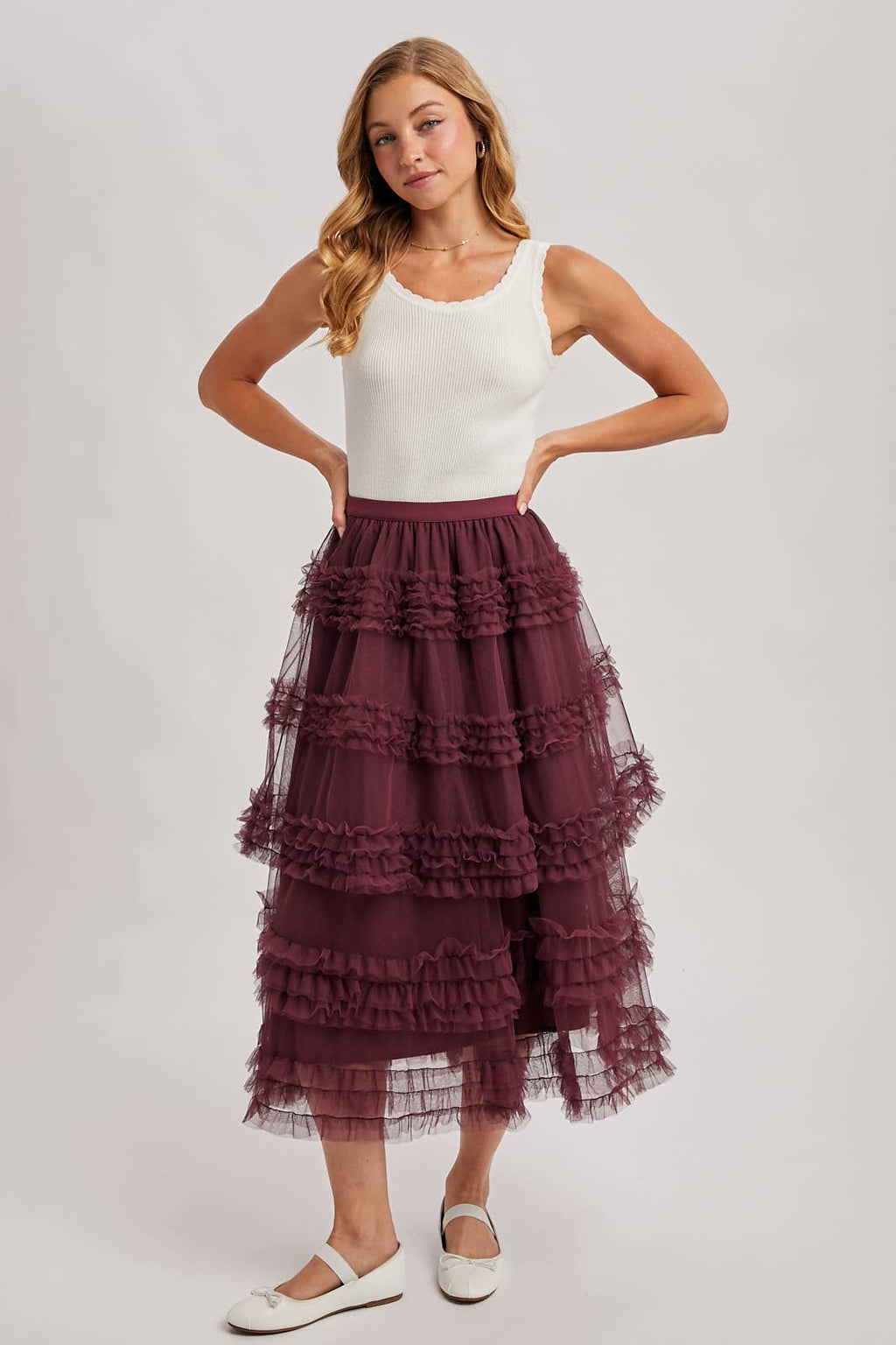 ROMANTIC RUFFLE TIERED TULLE MIDI SKIRT: PLUM / L