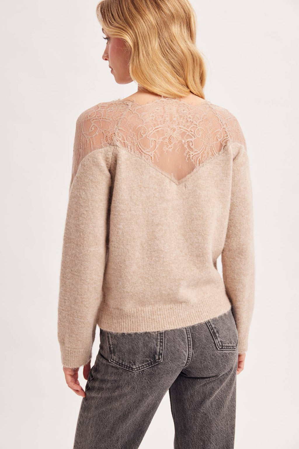 EYELASH LACE TRIMMED KNIT PULLOVER