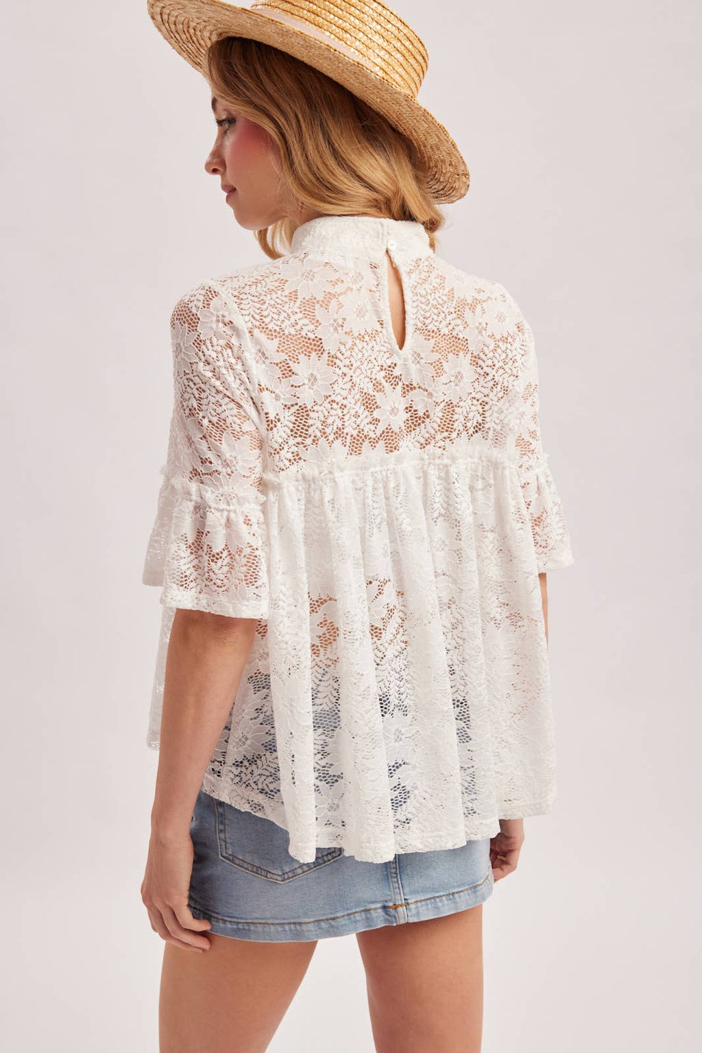 MOCK NECK BABY DOLL LACE TOP WITH NO LINING - EASTER DAY: Black / S