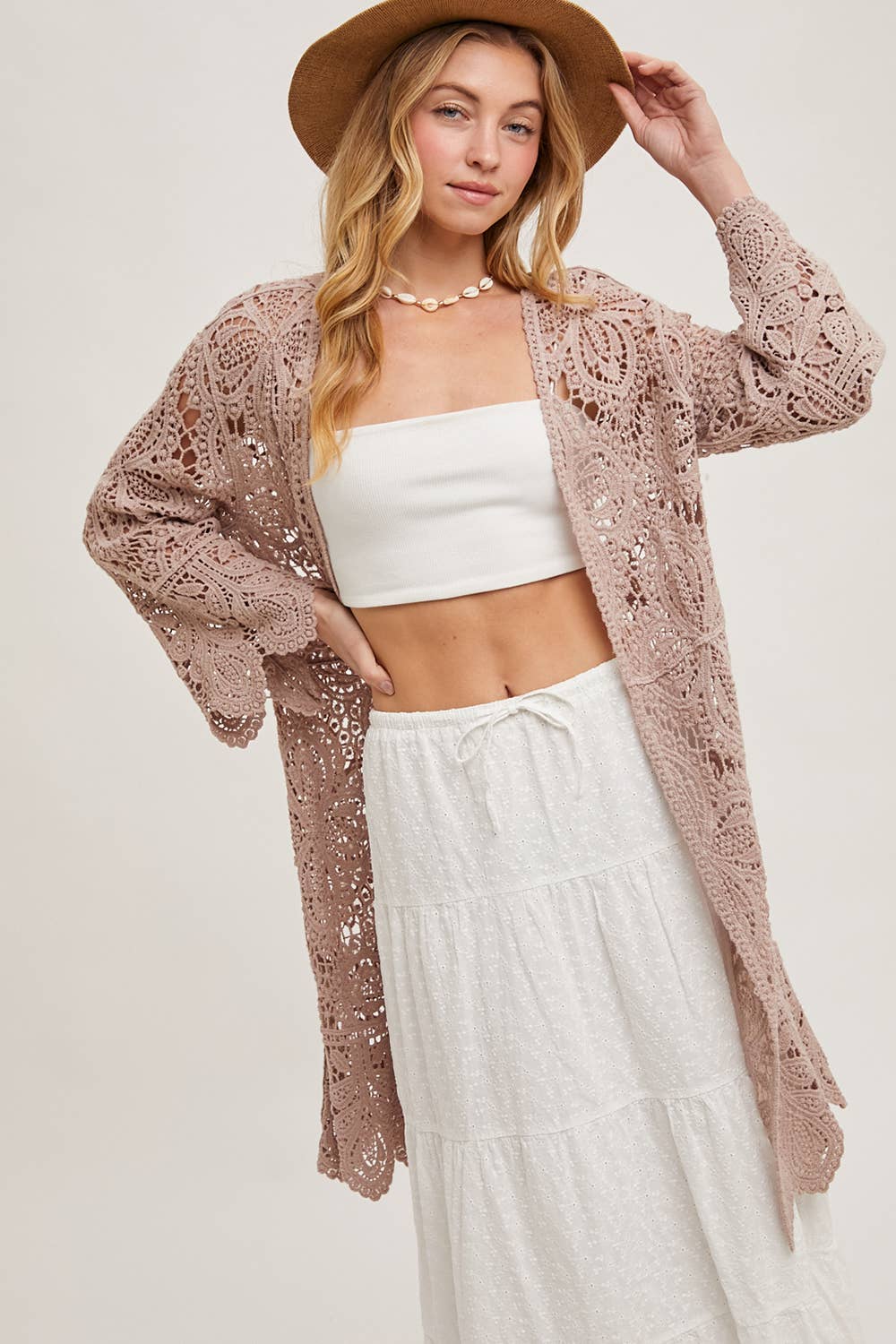 CROCHET OPEN FRONT BELL SLEEVED CARDIGAN: LATTE / S/M
