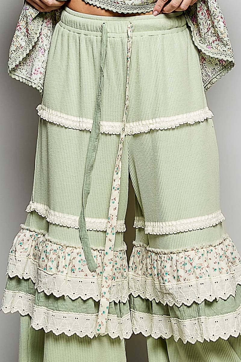 Floral Contrast Eyelet Ruffle Lace Trim Straight Knit Pants: BLUSH
