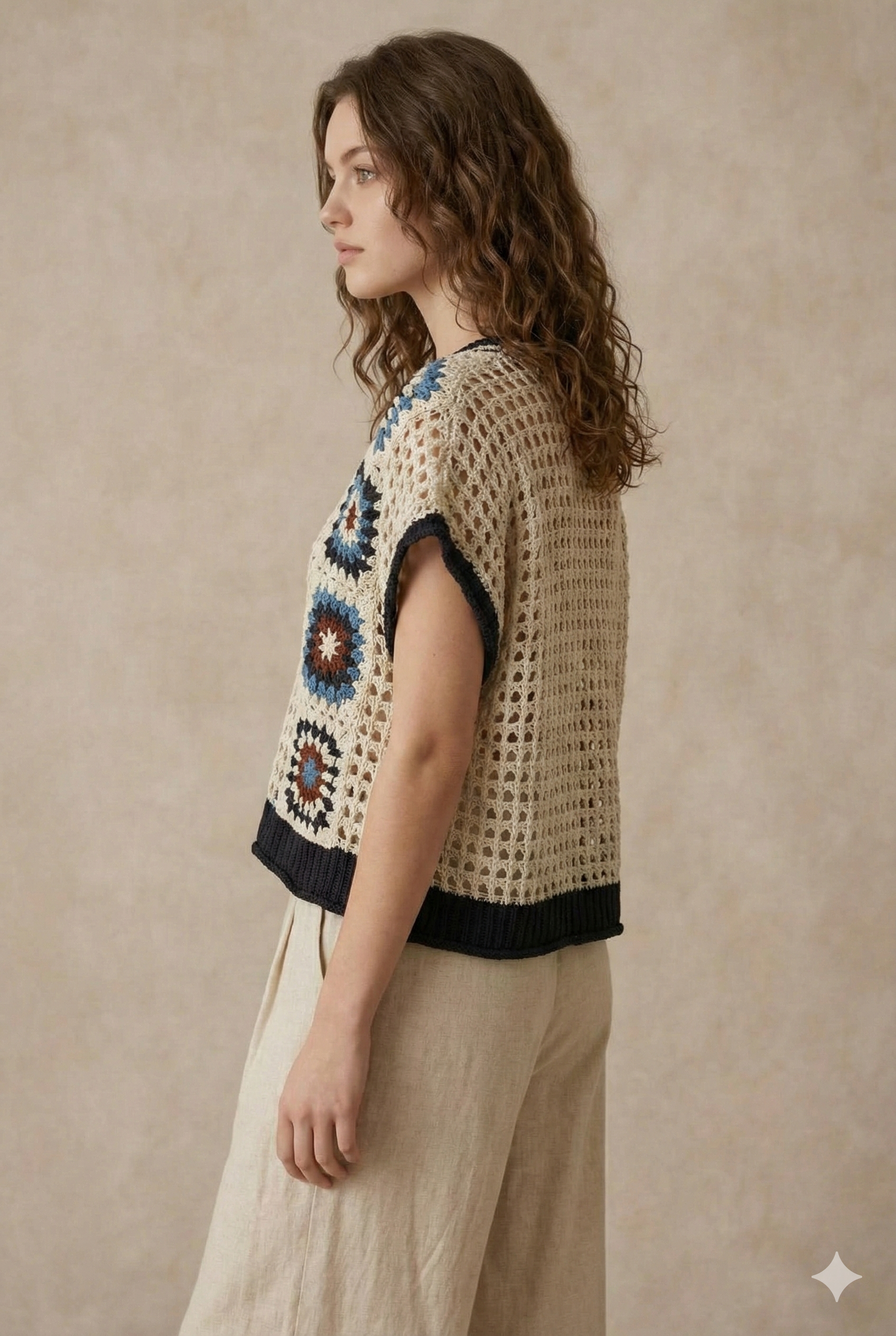 Boho Crochet Patchwork V Neck Short Sleeve Top: Navy