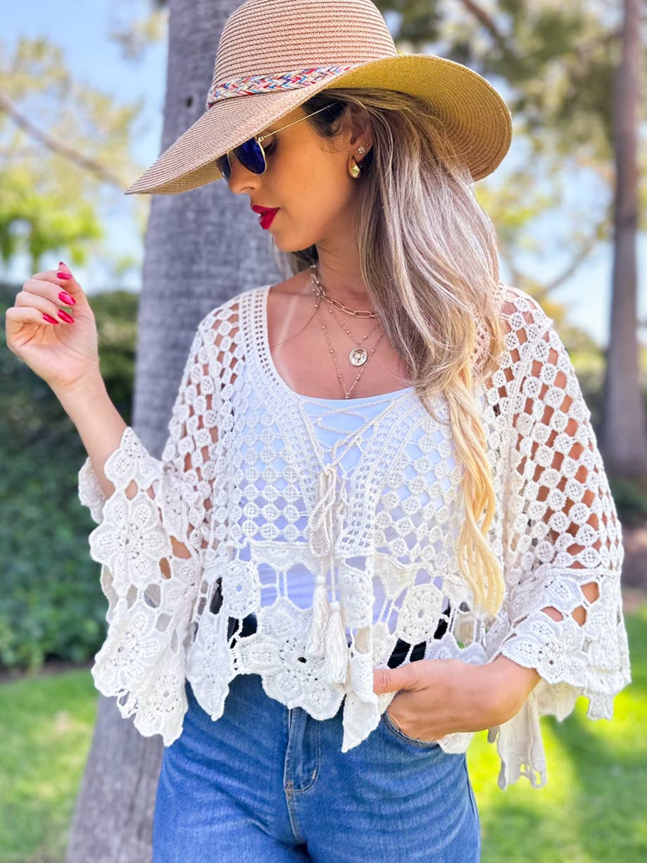 Boho Floral Crochet Bell Sleeve Top with Tassel Lace-Up: Ivory / One Size