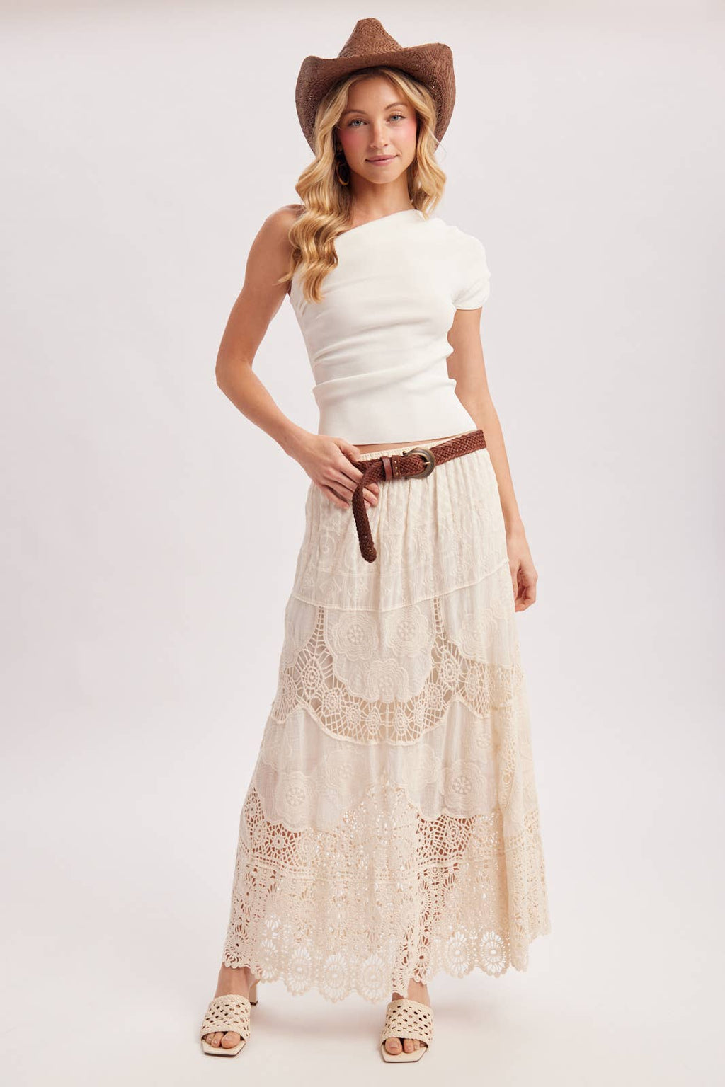 BOHO SHEER LACE MAXI SKIRT WITH LINING: NATURAL / S