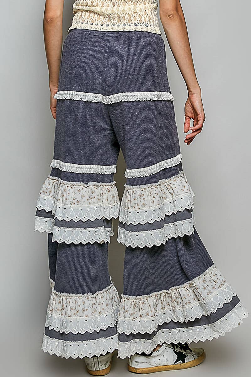 Floral Contrast Eyelet Ruffle Lace Trim Straight Knit Pants: BLUSH