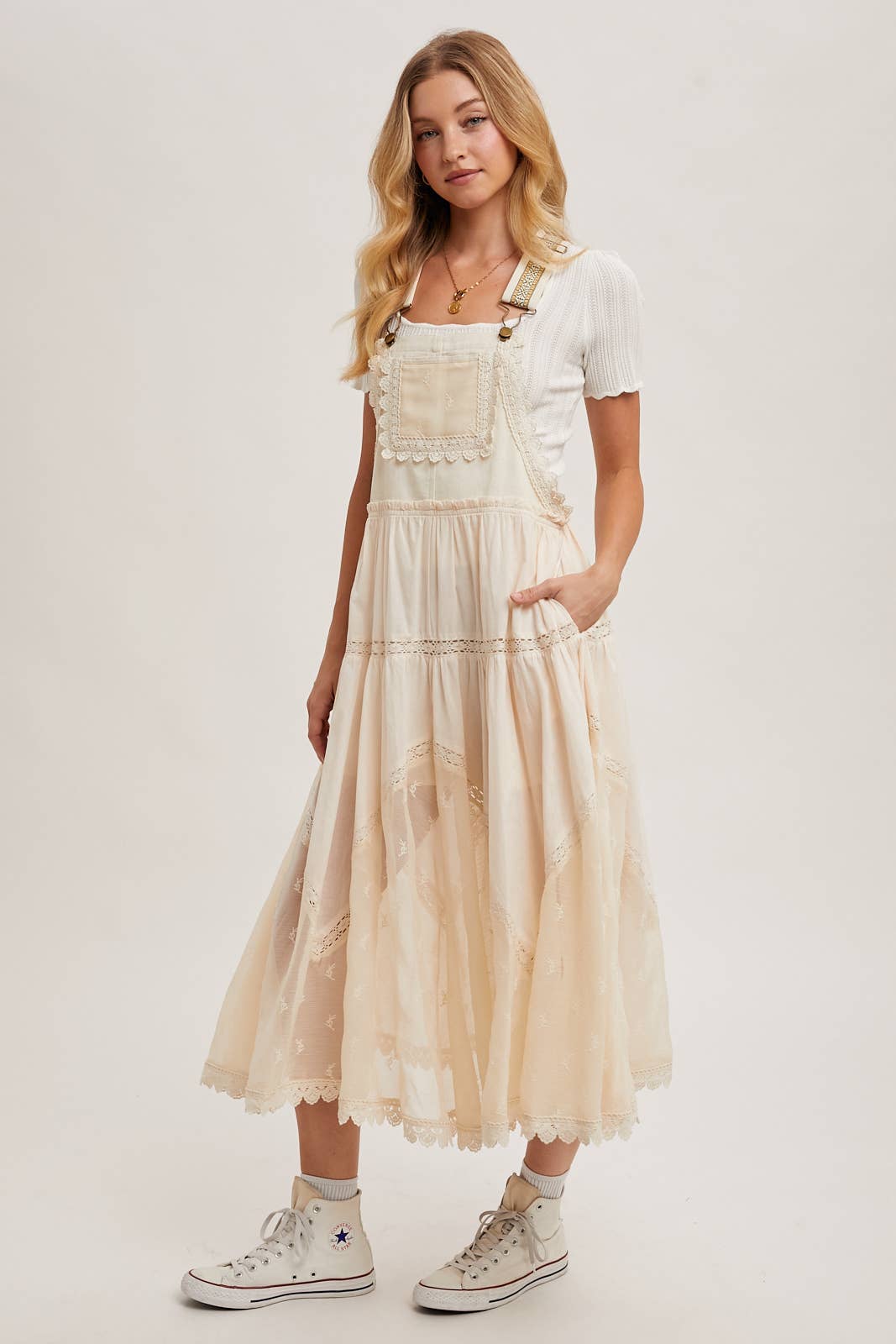 LACE EMBROIDERED TULLE BIB MAXI DRESS: ASH